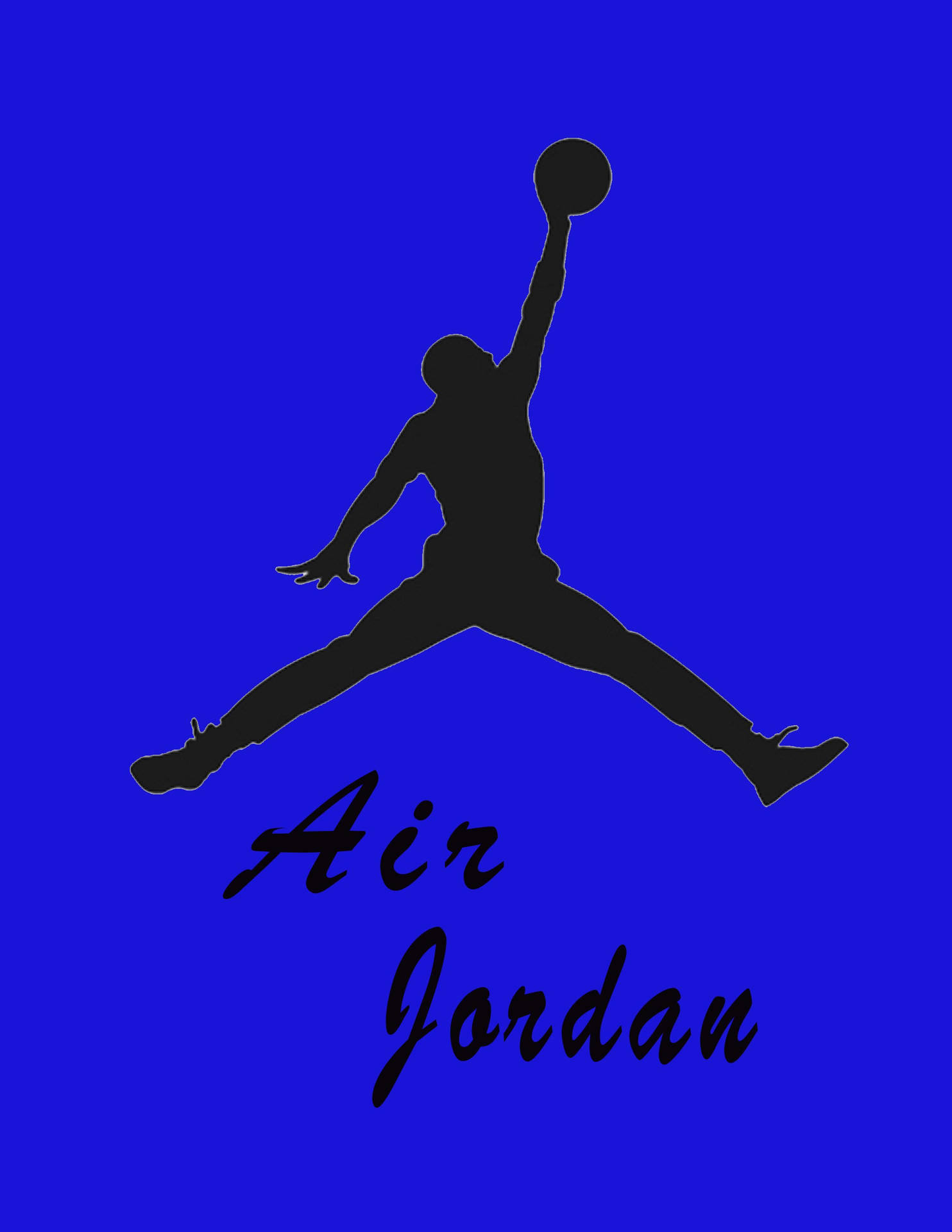 黑色剪影，籃球運動員灌籃，帶有「Air Jordan」文字，藍色背景。 — Air Jordan 壁紙