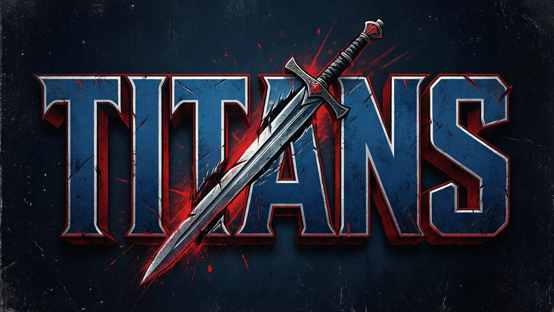 Sword Typography 壁紙 — 一個大膽的藍色和紅色 'TITANS' 標誌，銀色劍刺穿字母，背景為深色紋理。