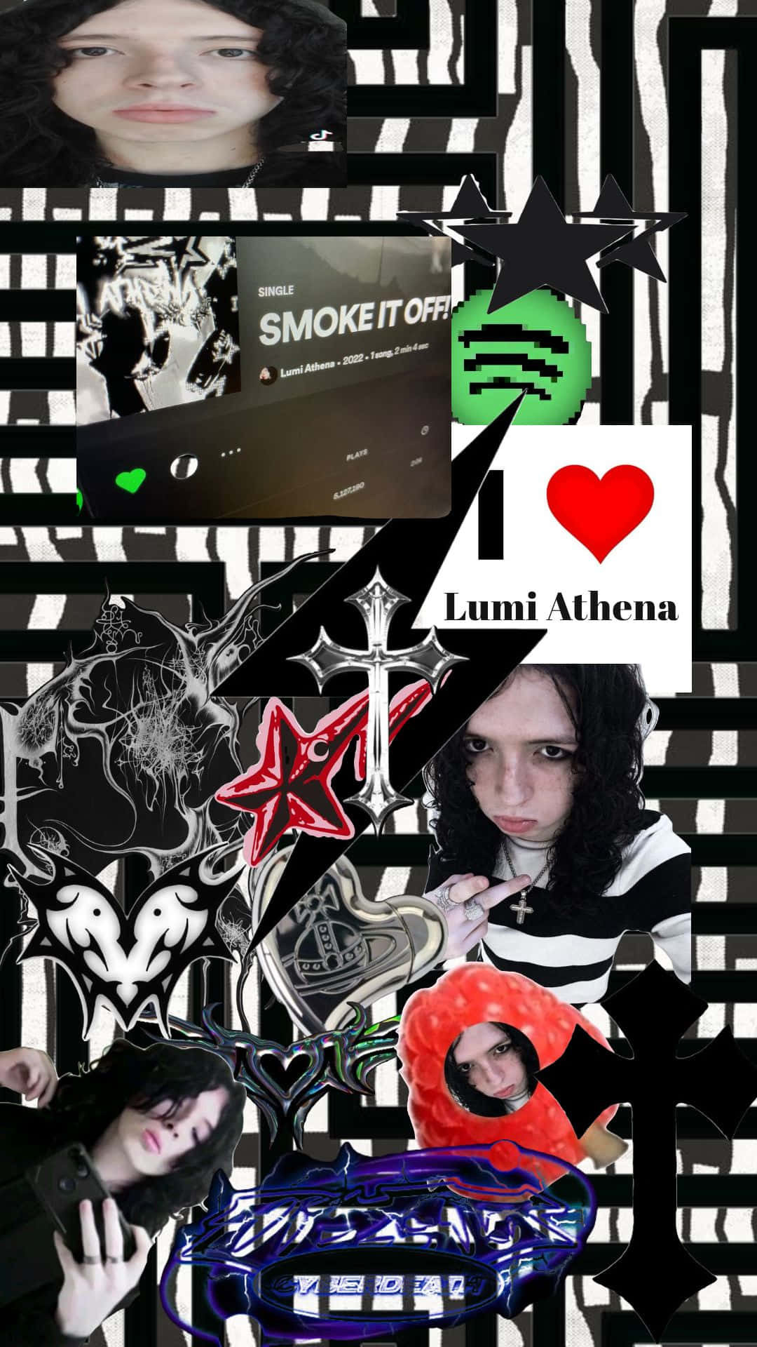  壁紙 — 一張大膽的拼貼畫，包含年輕女性的照片、Spotify專輯封面和圖形符號，背景為黑白條紋。