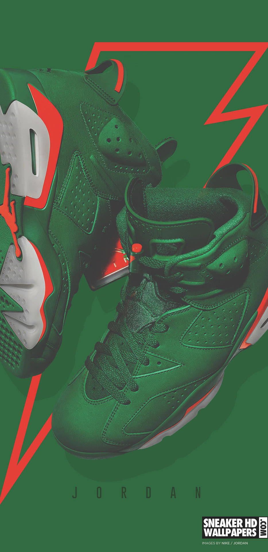 綠色和紅色Jordan運動鞋，帶有閃電設計，背景為綠色。 — Jordan Logo 壁紙