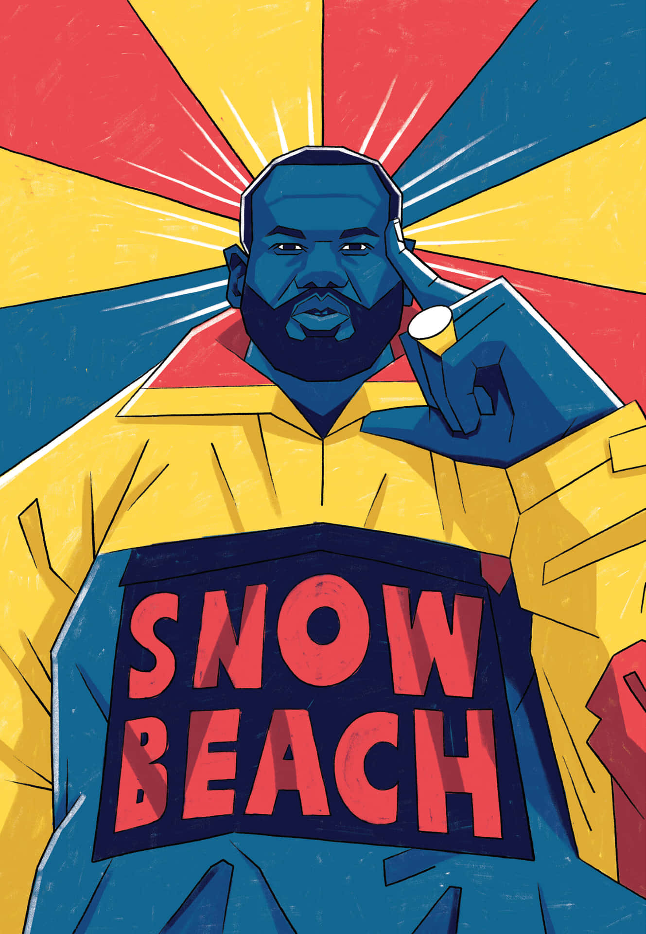  壁紙 — 一個大膽的插圖男子穿著黃色外套，上面有「SNOW BEACH」文字，在充滿活力的太陽爆發背景下拿著飲料。