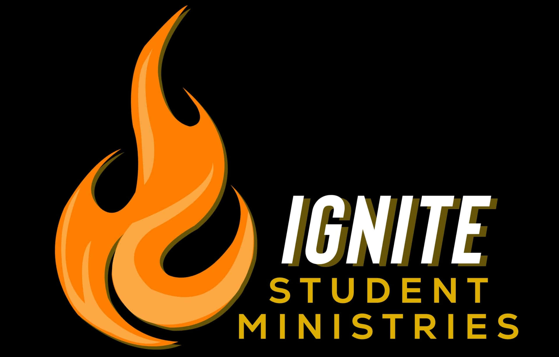  壁紙 — 一個大膽的橙色火焰標誌，旁邊是黑色背景上的文字「IGNITE STUDENT MINISTRIES」。