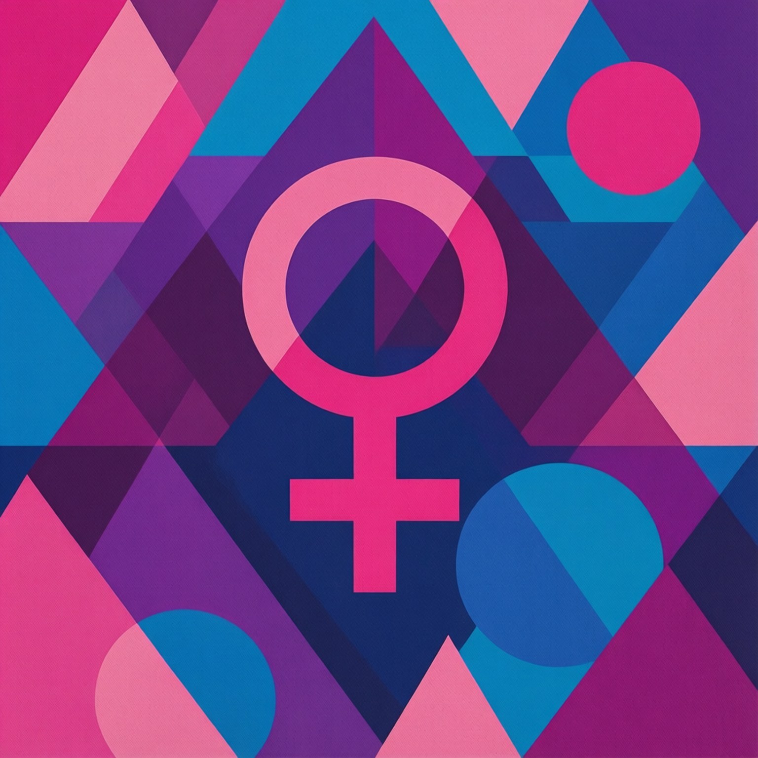 Womens Rights 桌布 壁紙 — 一個大膽的粉紅色女性符號，位於由粉紅色、藍色和紫色色調組成的三角形和圓形的鮮豔幾何圖案中心。