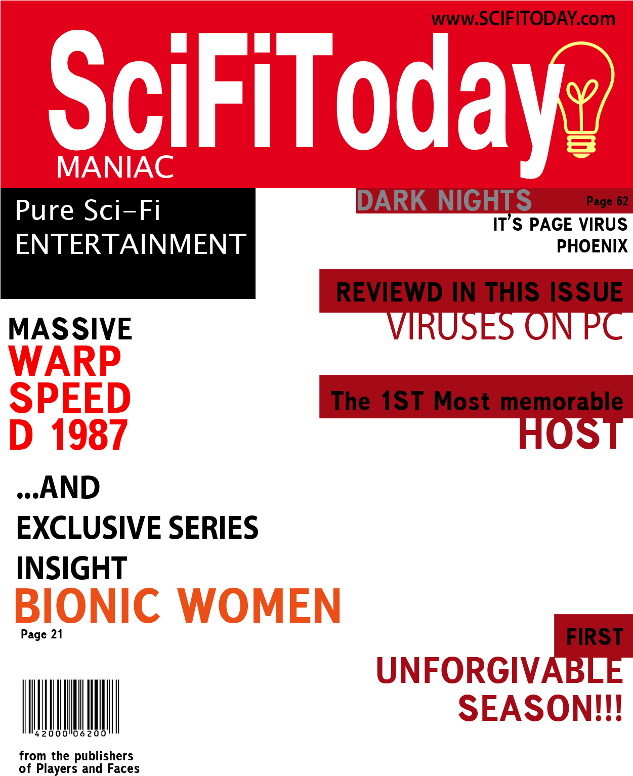雜誌 桌布 壁紙 — SciFiToday Maniac 的醒目紅黑雜誌封面，包含 'Warp Speed D 1987' 和 'Bionic Women' 等文字亮點。