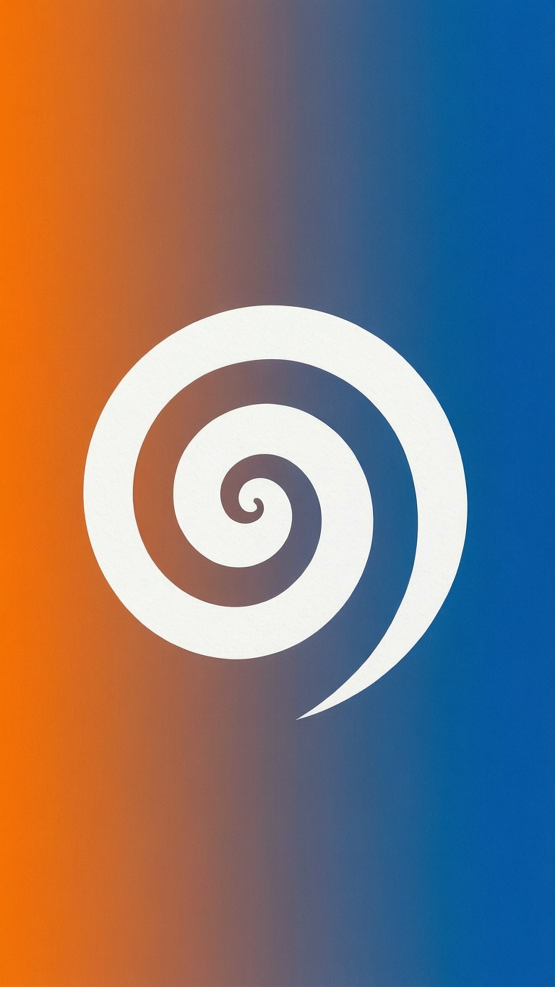 Minimalist Spiral 壁紙 — 一個大膽的白色螺旋標誌，居中於從暖橙色過渡到冷藍色的平滑漸變背景上。