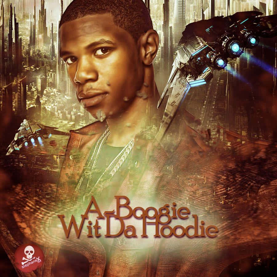 A Boogie Wit Da Hoodie 桌布 壁紙 — A-Boogie Wit Da Hoodie 在未來城市景觀中，有發光的飛行車輛和溫暖的金色燈光，他凝視著，眼神強烈。
