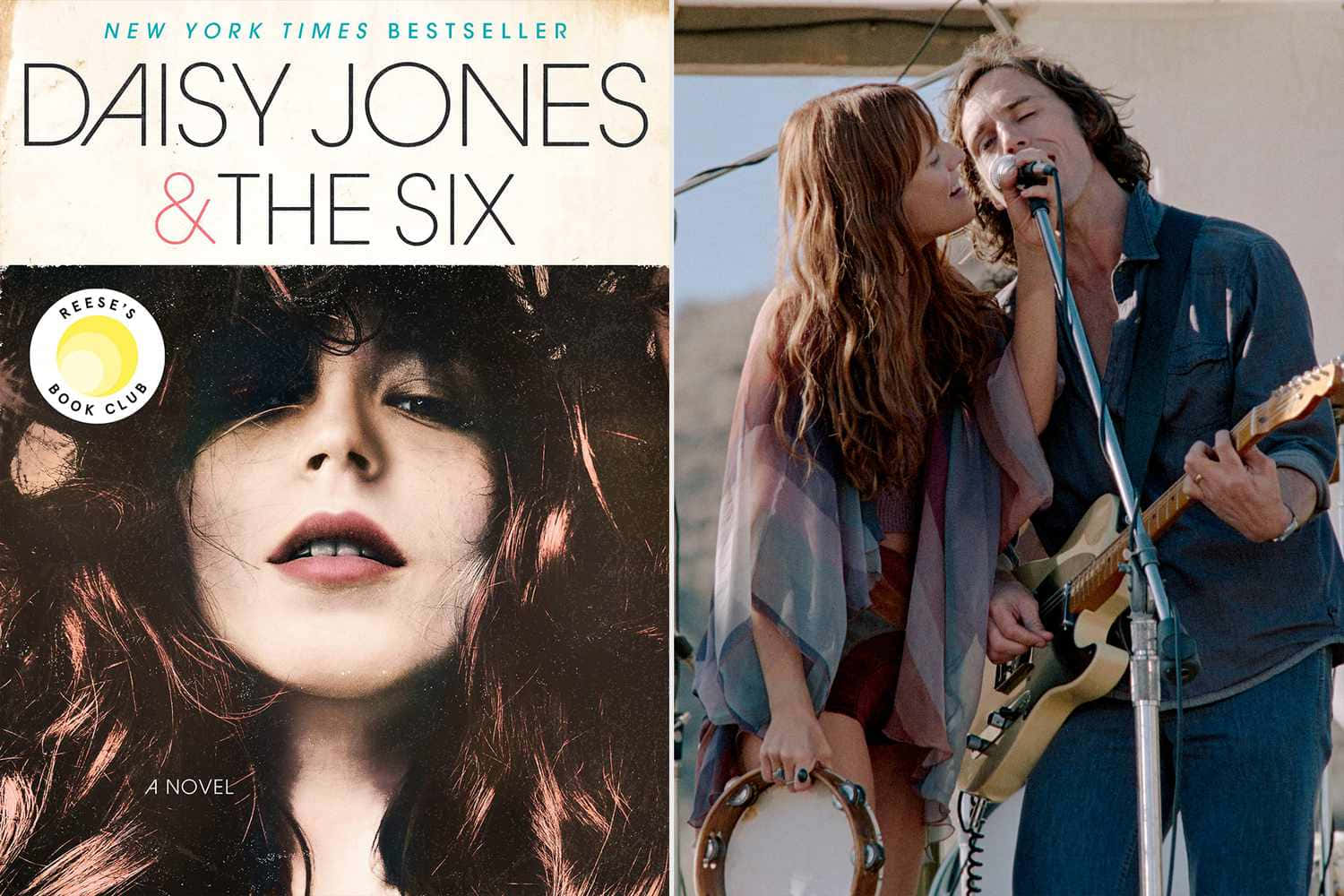  壁紙 — Daisy Jones & The Six 的書封面旁邊有一張照片，顯示一名女子親吻一名手持鈴鼓對著麥克風唱歌的男子。