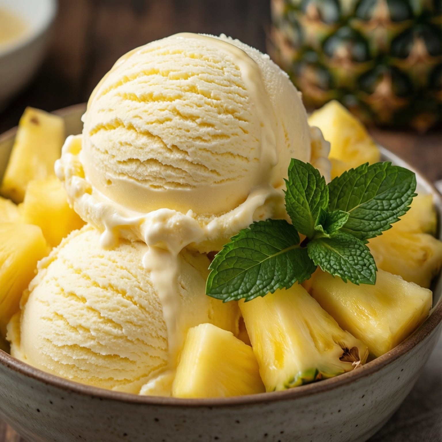 Pineapple Ice Cream Bowl 壁紙 — 一碗奶油黃色鳳梨冰淇淋融化在新鮮鳳梨塊上，並以薄荷裝飾。