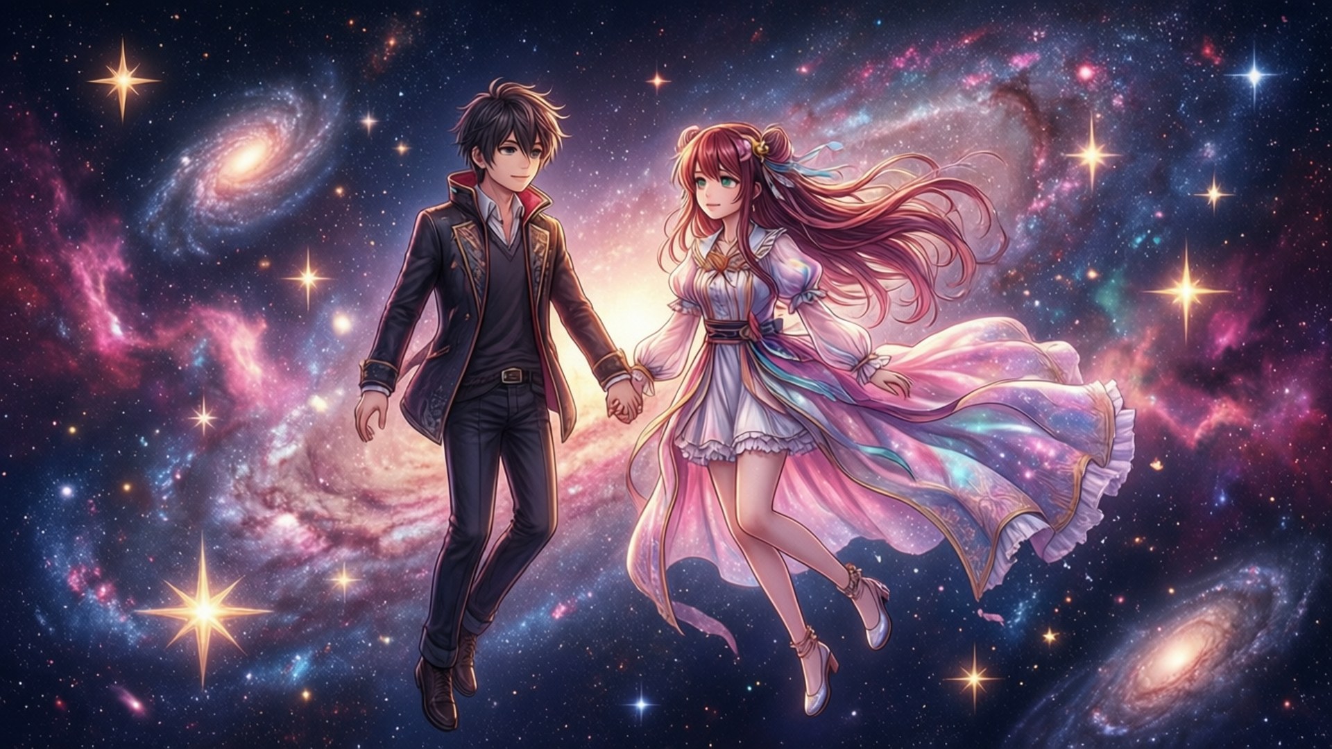 Happy Sugar Life 桌布 壁紙 — 一個男孩和一個女孩手牽手漂浮在充滿發光星星和旋轉星系的充滿活力的宇宙星雲中。