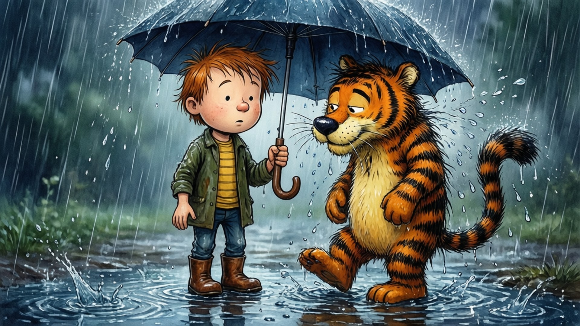 Rainy Day Fun 壁紙 — 一個穿著靴子的男孩為一隻站在雨水浸濕的水坑中的微笑老虎撐傘。