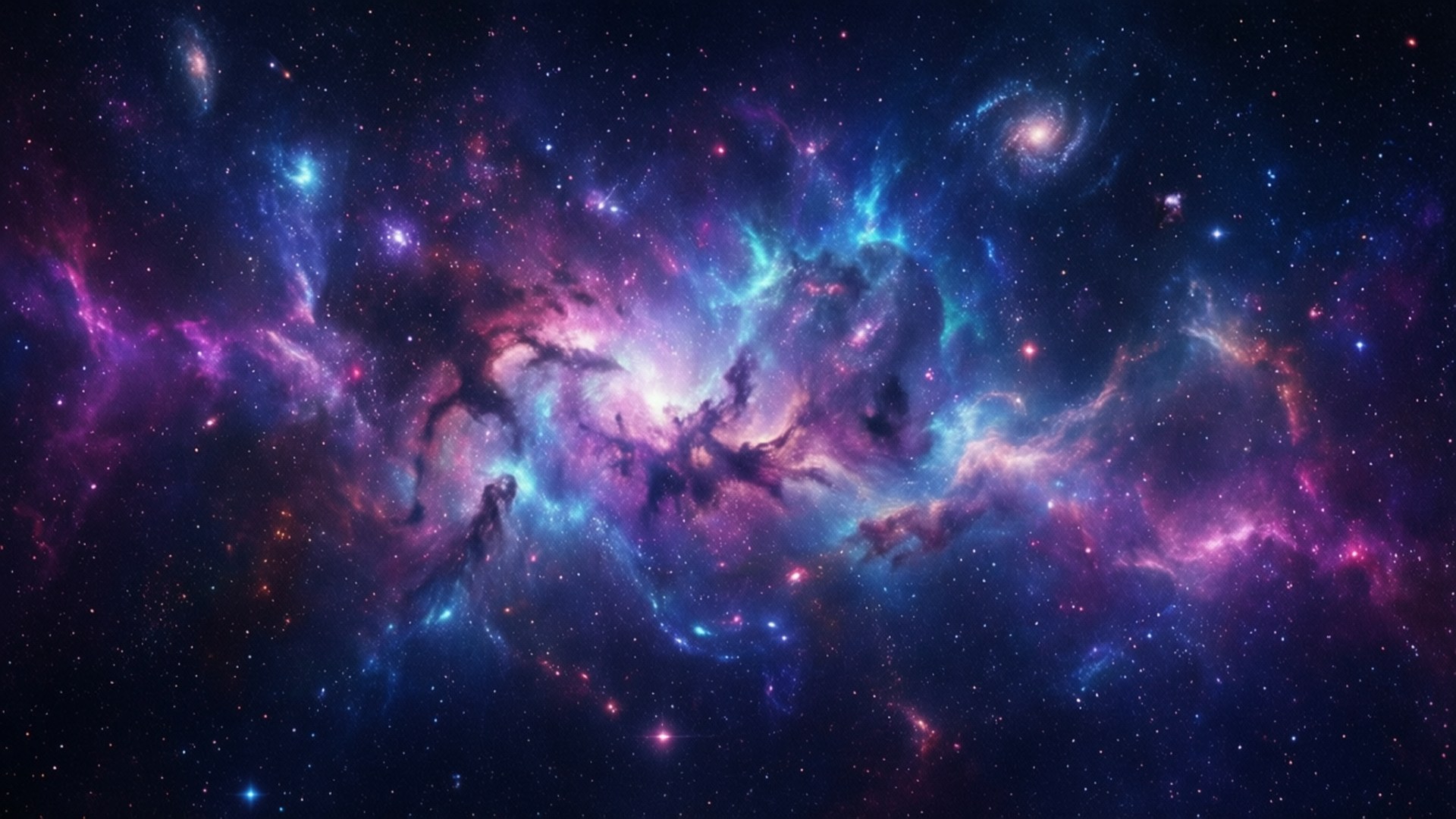 充滿活力的紫色和藍色宇宙星雲，帶有旋轉的氣體雲和遙遠的恆星。