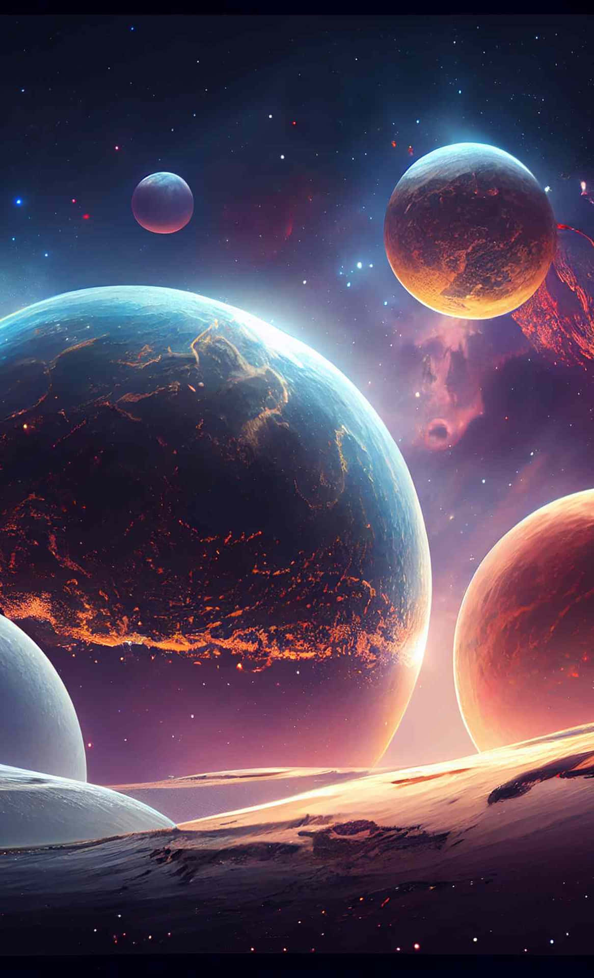  壁紙 — 令人嘆為觀止的宇宙景觀，發光的行星表面有熾熱的裂縫，背景是繁星點點的星雲天空。