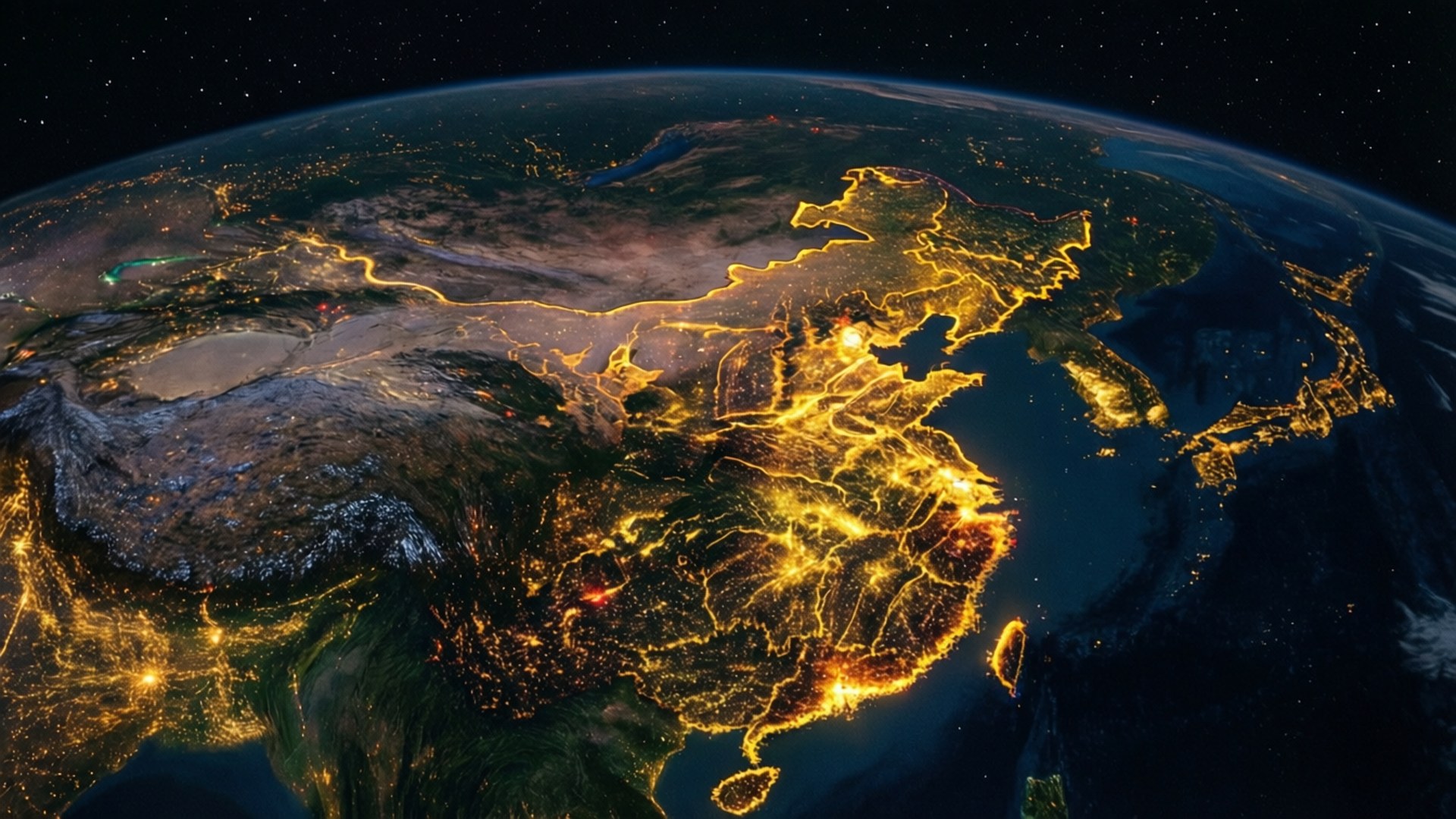 桌布 壁紙 — 從太空俯瞰地球的壯麗夜景，突顯中國在黑暗海洋和陸地背景下閃爍的城市燈光。