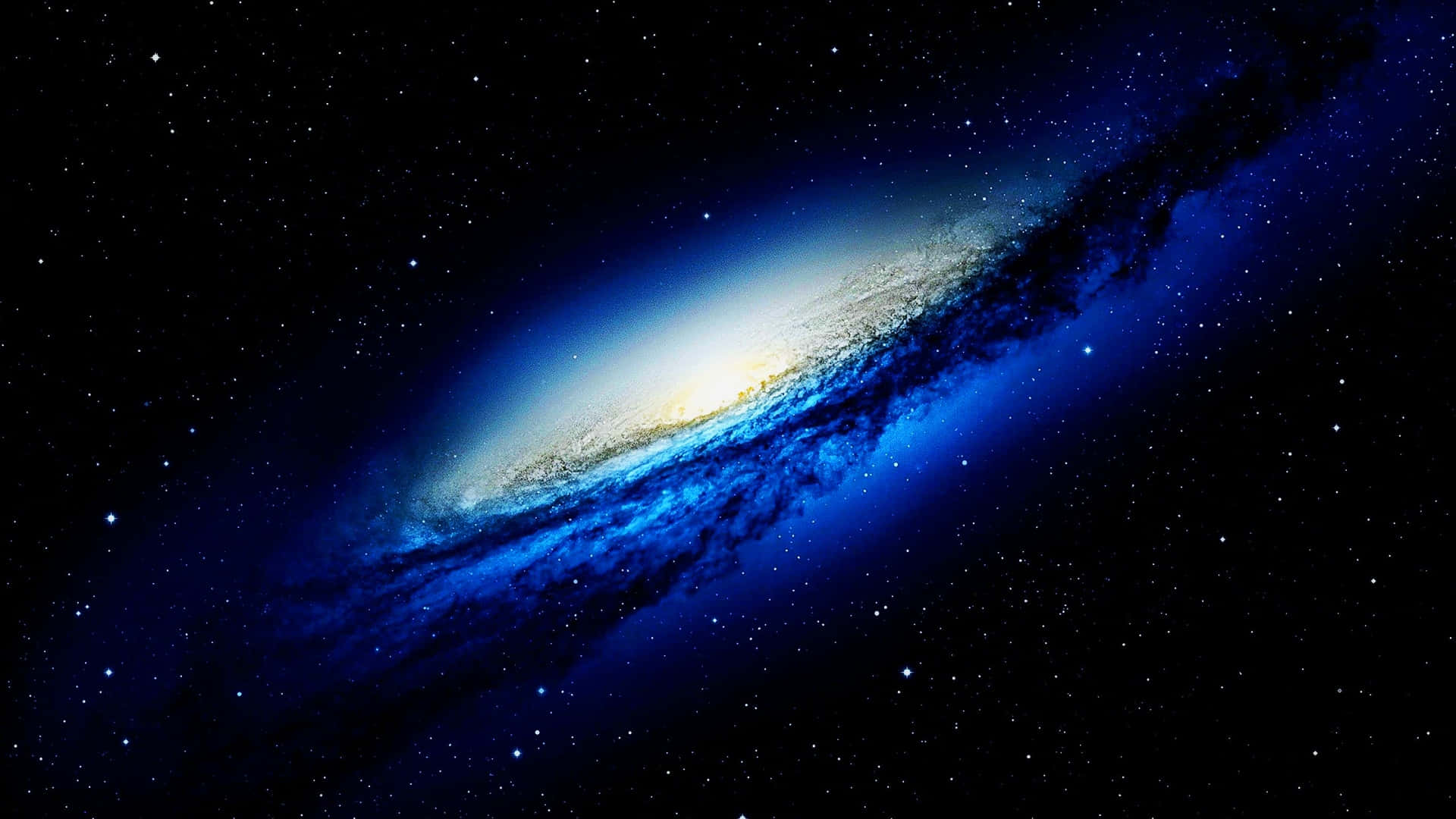  壁紙 — 一個令人嘆為觀止的螺旋星系，在繁星點點的宇宙虛空中散發出鮮豔的藍色和白色光芒。