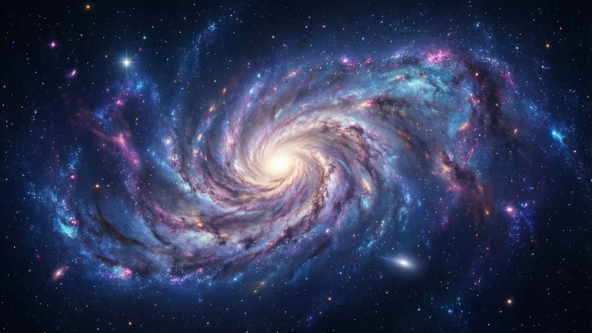 Swirling Galaxy Dream 壁紙 — 一個令人嘆為觀止的螺旋星系，在星空中旋轉著鮮豔的藍色、紫色和金色色調。