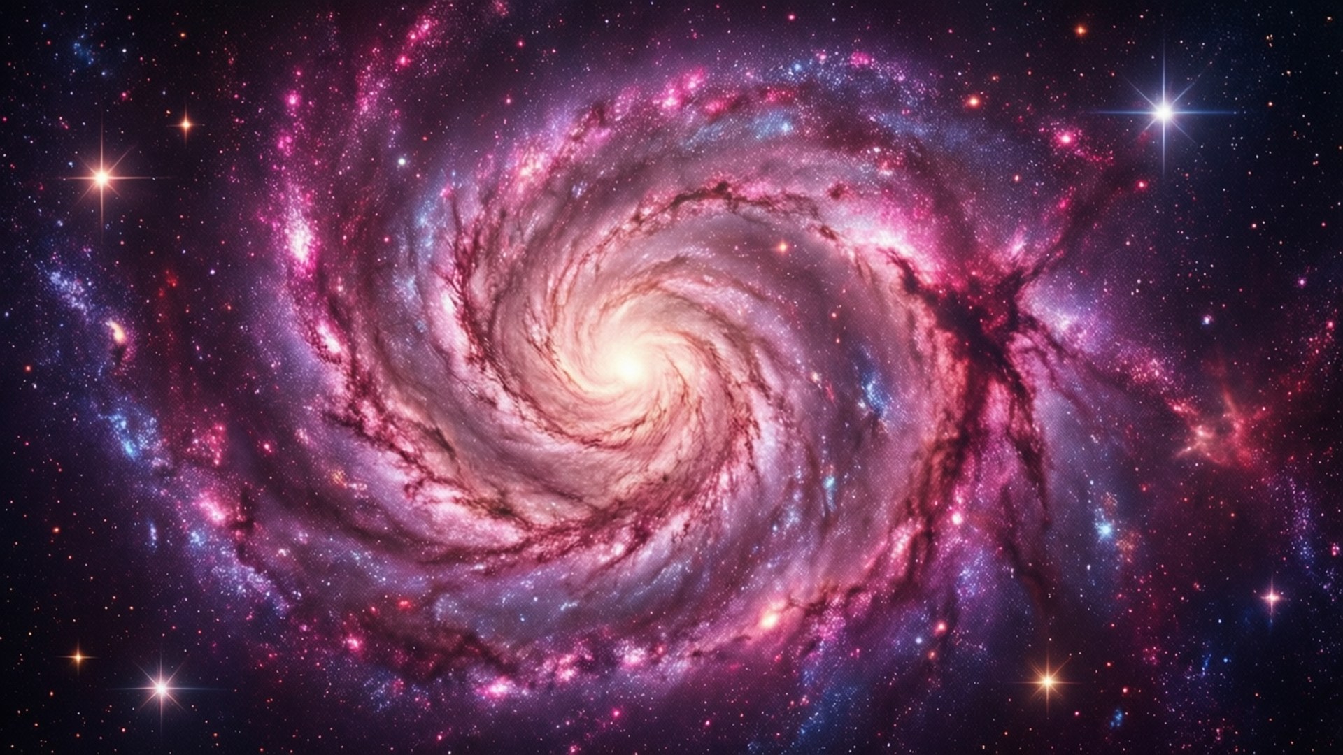 桌布 壁紙 — 一個令人嘆為觀止的螺旋星系，在繁星點點的宇宙背景下，旋轉著充滿活力的粉紅色、紫色和藍色星雲。
