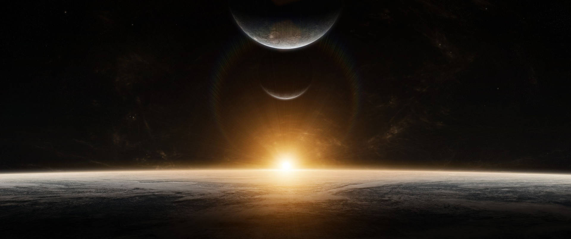 在黑暗宇宙天空中，兩個衛星的外星行星上的日出 — 3440X1440 壁紙