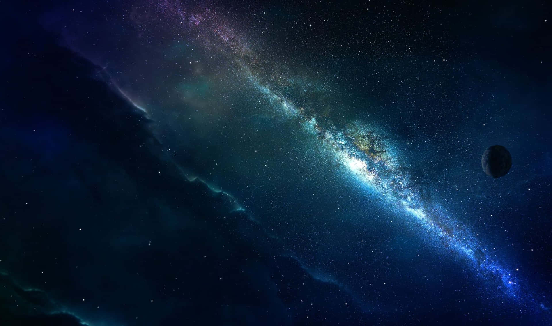 一個充滿活力的螺旋星系，帶有藍色和紫色色調，主宰著一個繁星點點的宇宙場景，遠處有一顆行星。 — Amoled 壁紙