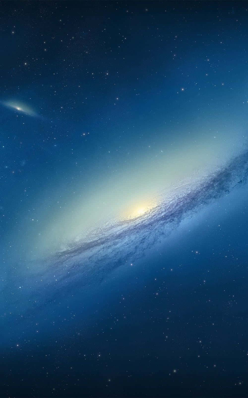  壁紙 — 一個螺旋星系在深藍色星場中散發金色光芒的壯麗景象。
