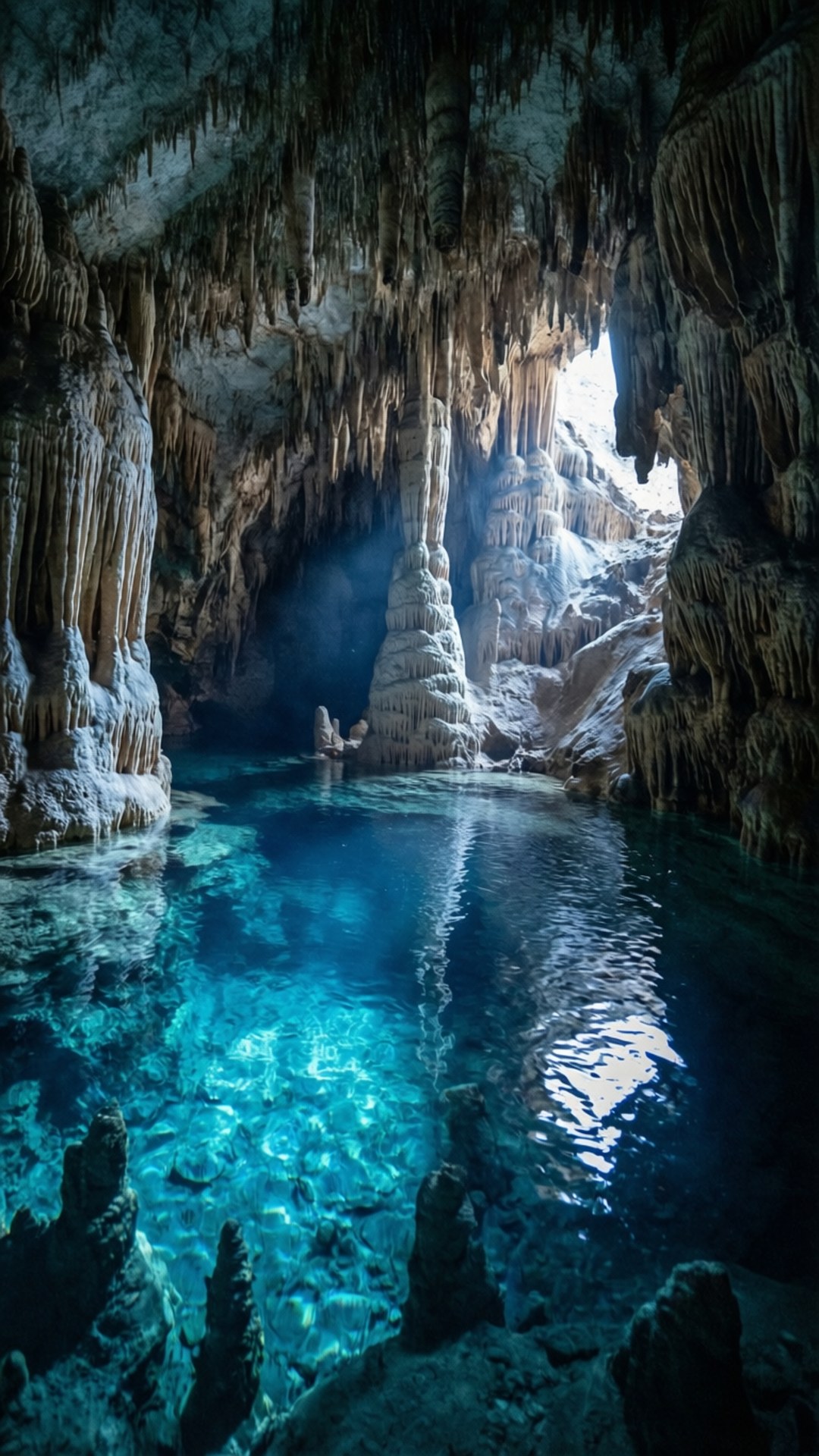 Sorbas Water Cave 壁紙 — 一個令人嘆為觀止的陽光照射洞穴景觀，藍綠色水面倒映著鐘乳石和石筍。