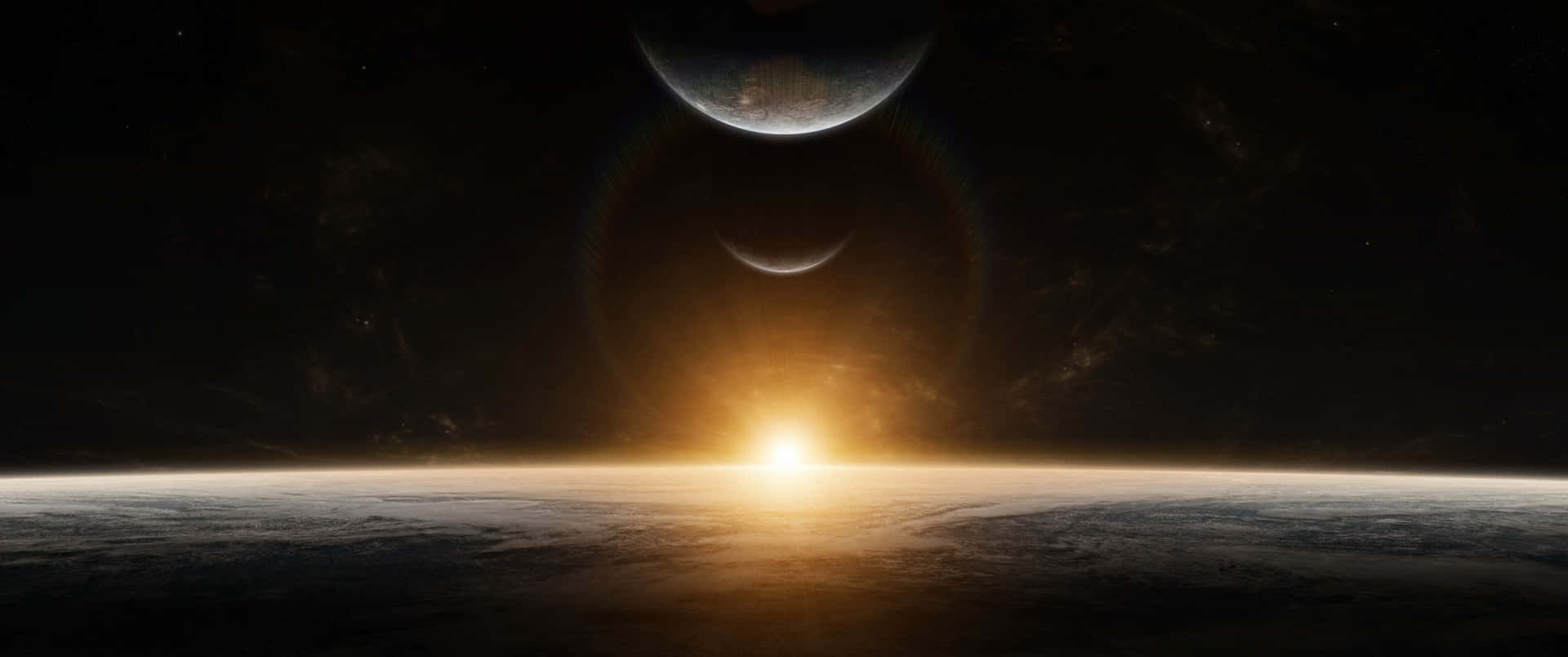 外星行星日出，兩個月亮在黑暗的天空中發光。 — 3440X1440 壁紙