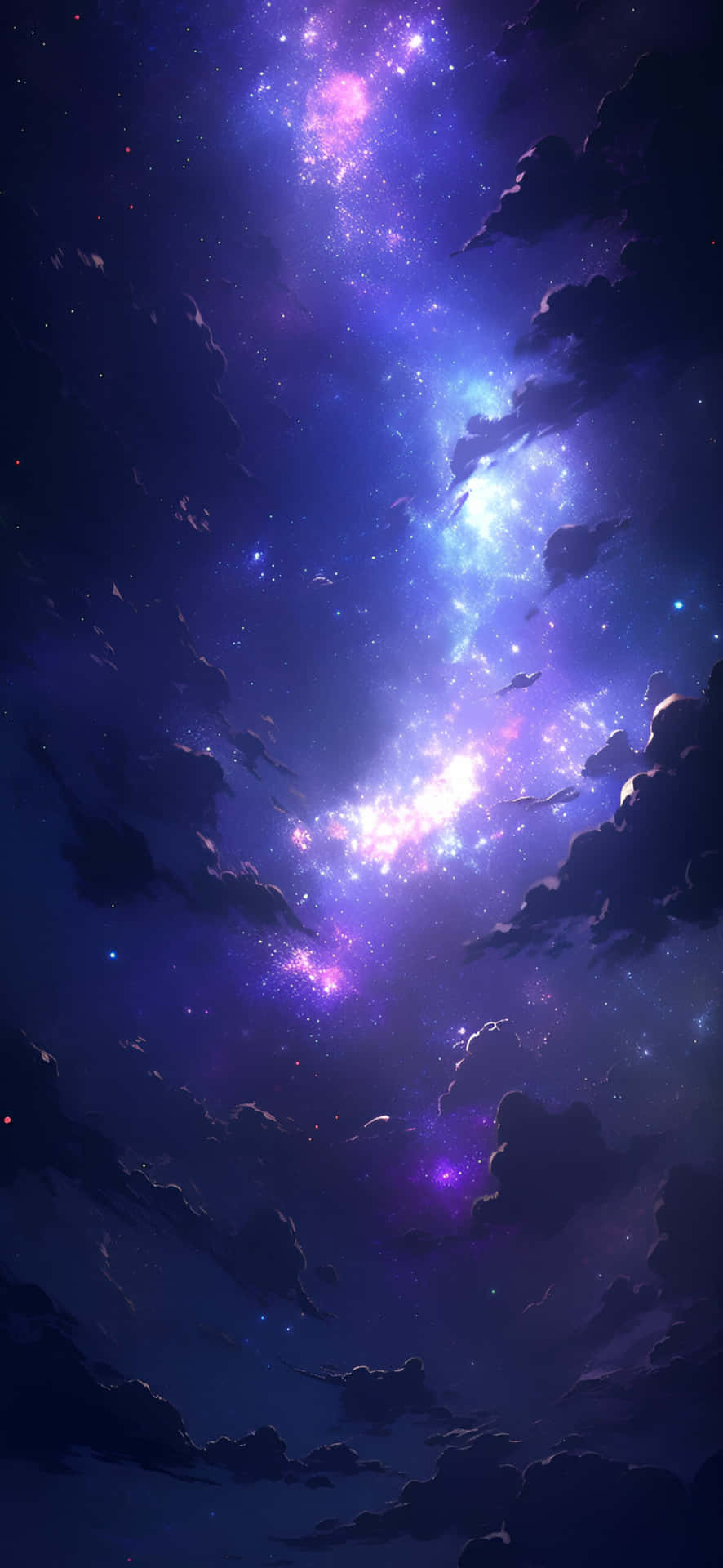  壁紙 — 令人嘆為觀止的景象，一個充滿活力的紫色和藍色星系在夜空中衝破黑暗的雲層。