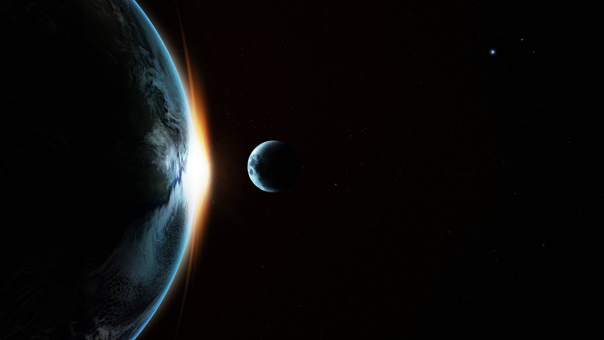 日出時太空中地球和月球與星星 — 地球 壁紙