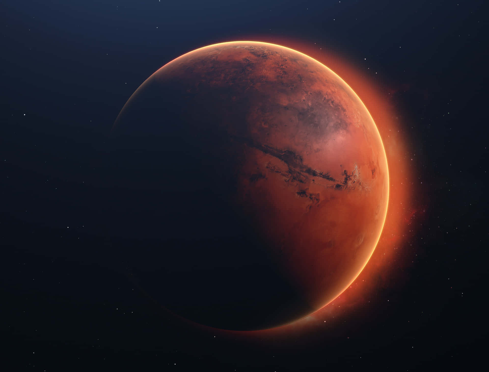 火星行星在暮色中於深空發出橙色光芒，伴隨著星星 — 4K 壁紙