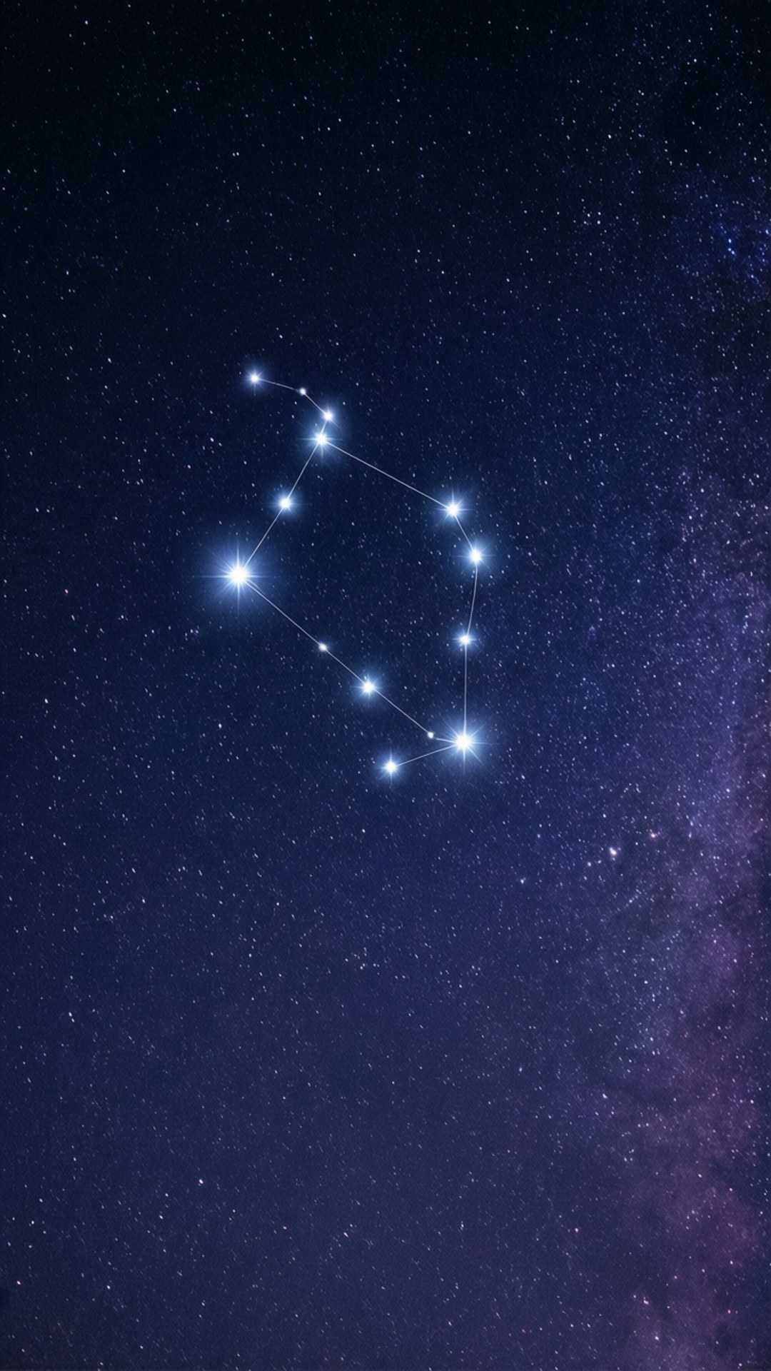 處女座 桌布 壁紙 — 一個明亮的星座，由發光的星星勾勒出輪廓，背景是深藍色的夜空，充滿了宇宙塵埃和遙遠的星系。