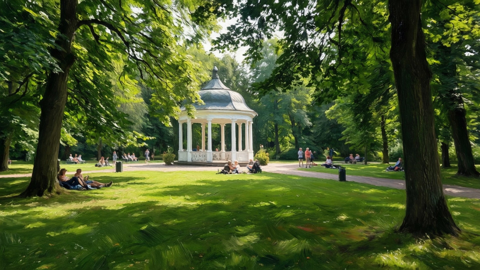 Helsingborg 桌布 壁紙 — 一個明亮的夏季公園場景，人們在茂密綠樹下的白色涼亭周圍草地上放鬆。