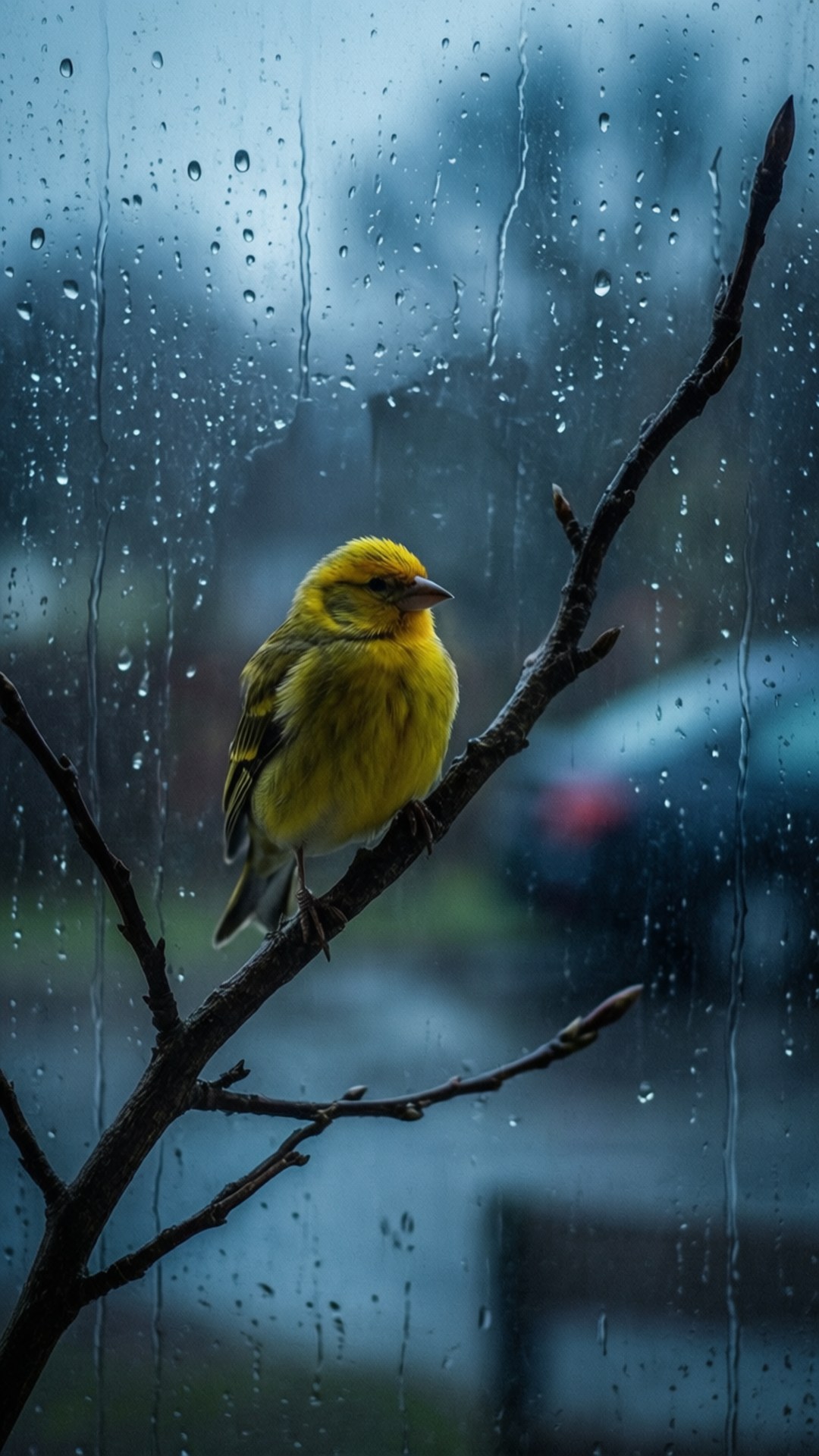 Yellow Bird at Rainy Window 壁紙 — 一隻明亮的黃色鳥棲息在光禿禿的樹枝上，背景是雨痕斑斑的窗戶和模糊的戶外景色。