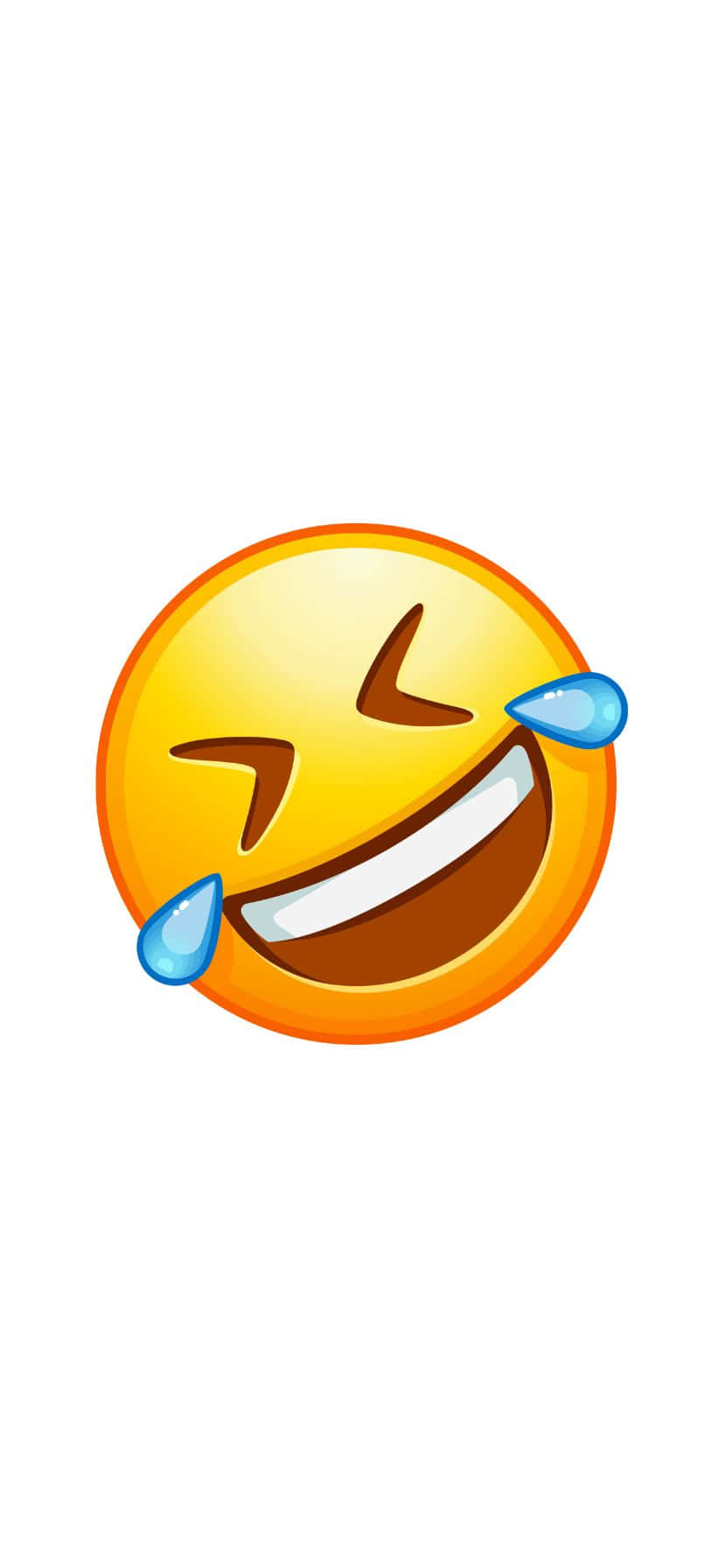  壁紙 — 一個明亮的黃色大笑表情符號，帶著喜悅的淚水和露齒的笑容，背景為純白色。