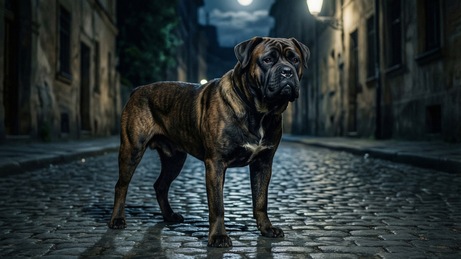 卡斯羅犬 桌布 壁紙 — 一隻虎斑獒犬在夜間狹窄的城市小巷中，在昏暗的路燈下警覺地站在濕漉漉的鵝卵石街道上。