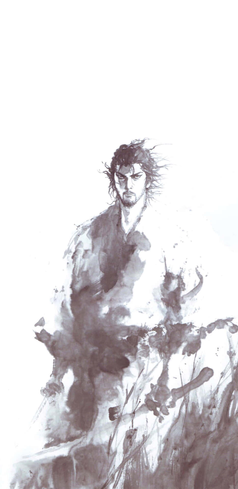  壁紙 — 一個陰鬱的武士戰士以單色水墨風格，站在旋轉的筆觸中，背景是純白色。