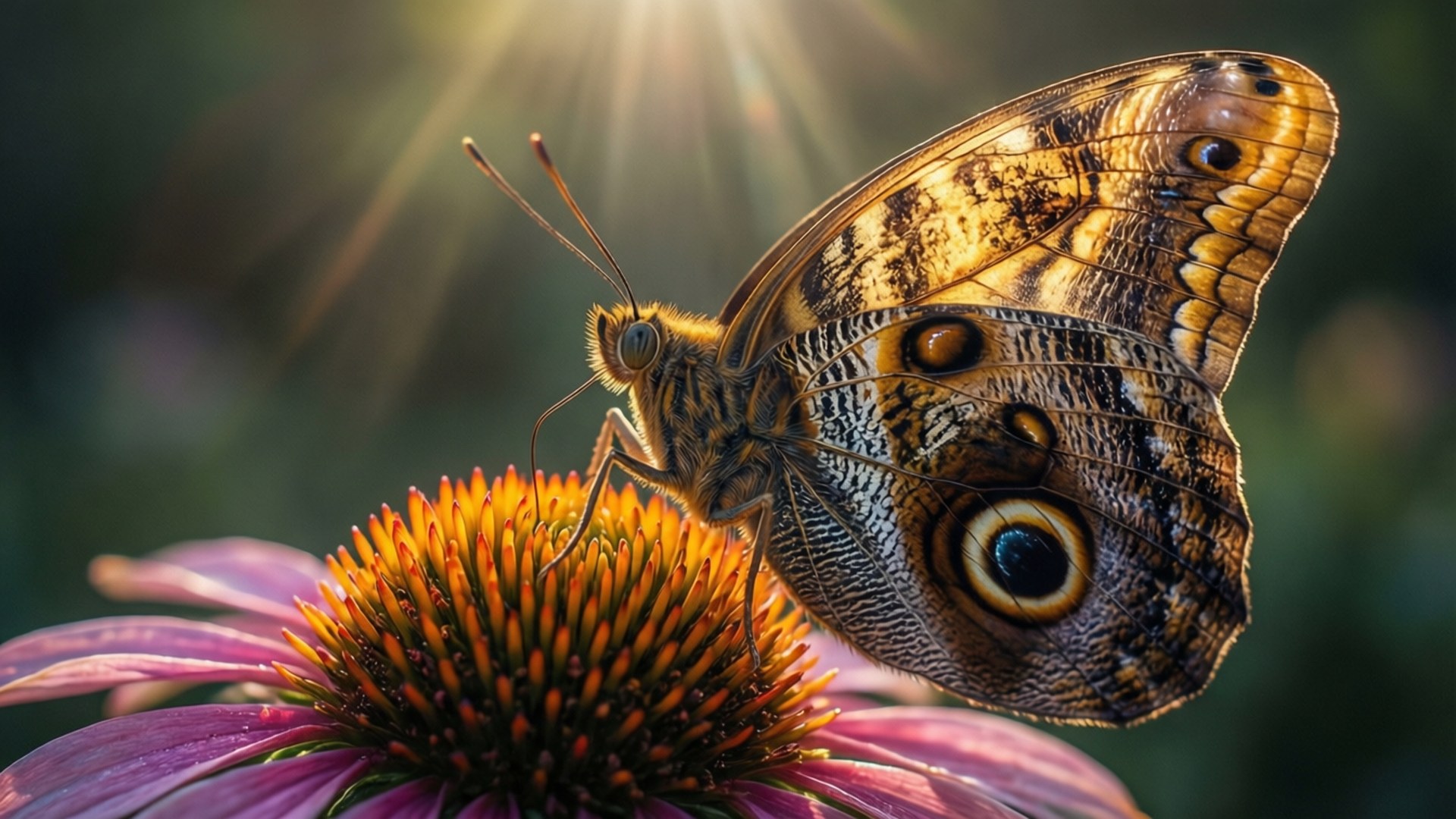 Butterfly on Bloom 壁紙 — 一隻帶有眼斑的棕色和金色蝴蝶棲息在紫色金光菊上，陽光從其後方照射過來。