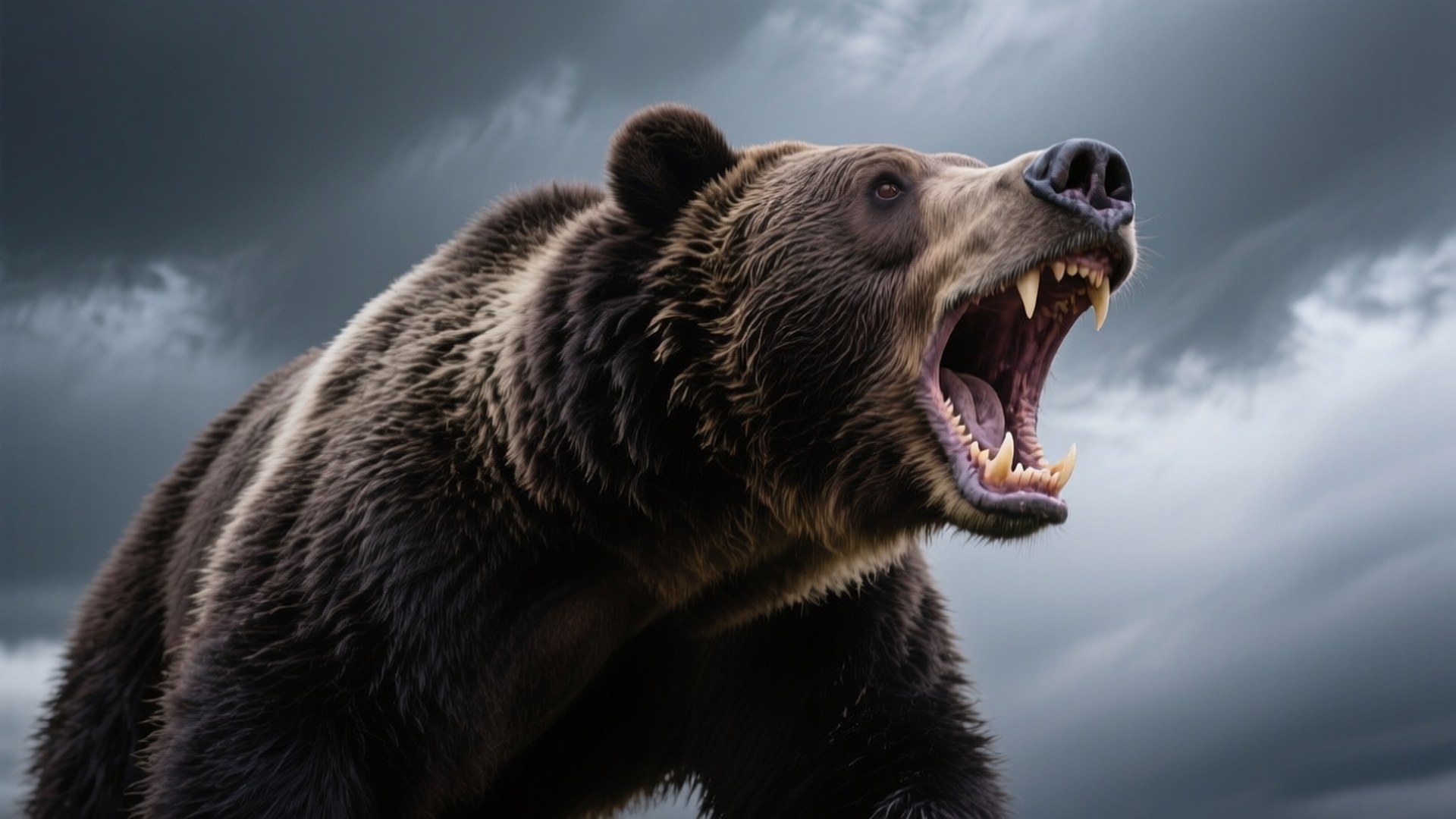 Roaring Grizzly 壁紙 — 一頭棕熊在黑暗的暴風雲背景下猛烈咆哮。