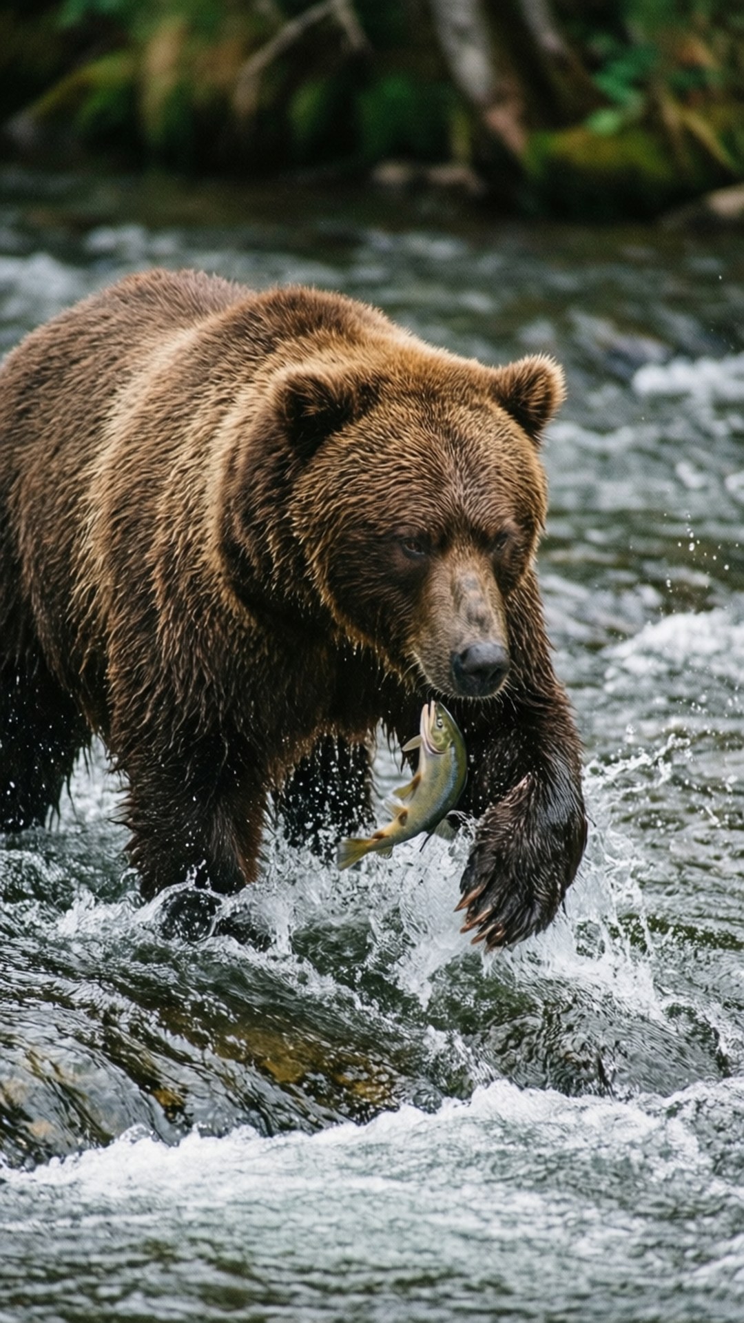 Bear Catching Salmon 壁紙 — 一頭棕熊在湍急的河水中大步前行，爪子裡抓著一條銀色的魚。