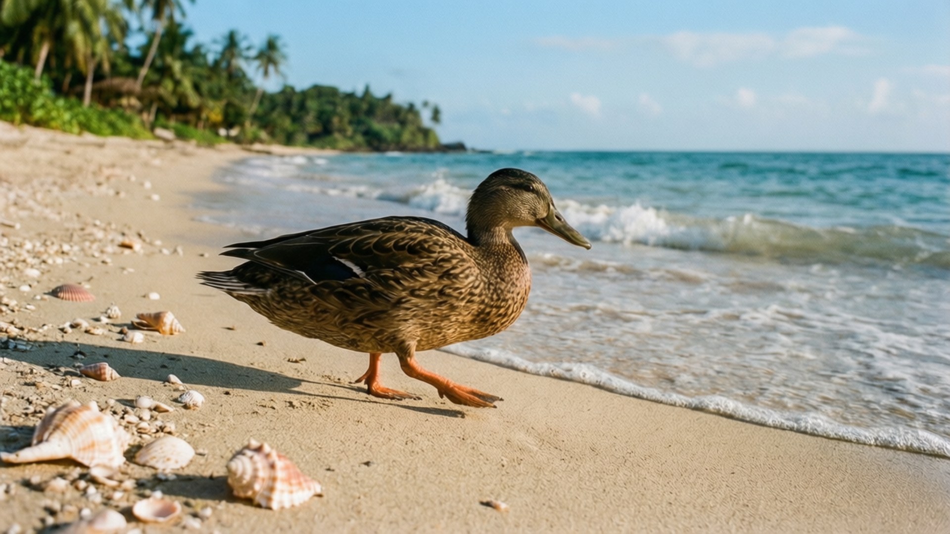 Beach Waddle 壁紙 — 一隻棕色的鴨子在陽光明媚的沙灘上行走，沙灘上散落著貝殼，溫柔的海浪在清澈的藍天下翻滾。
