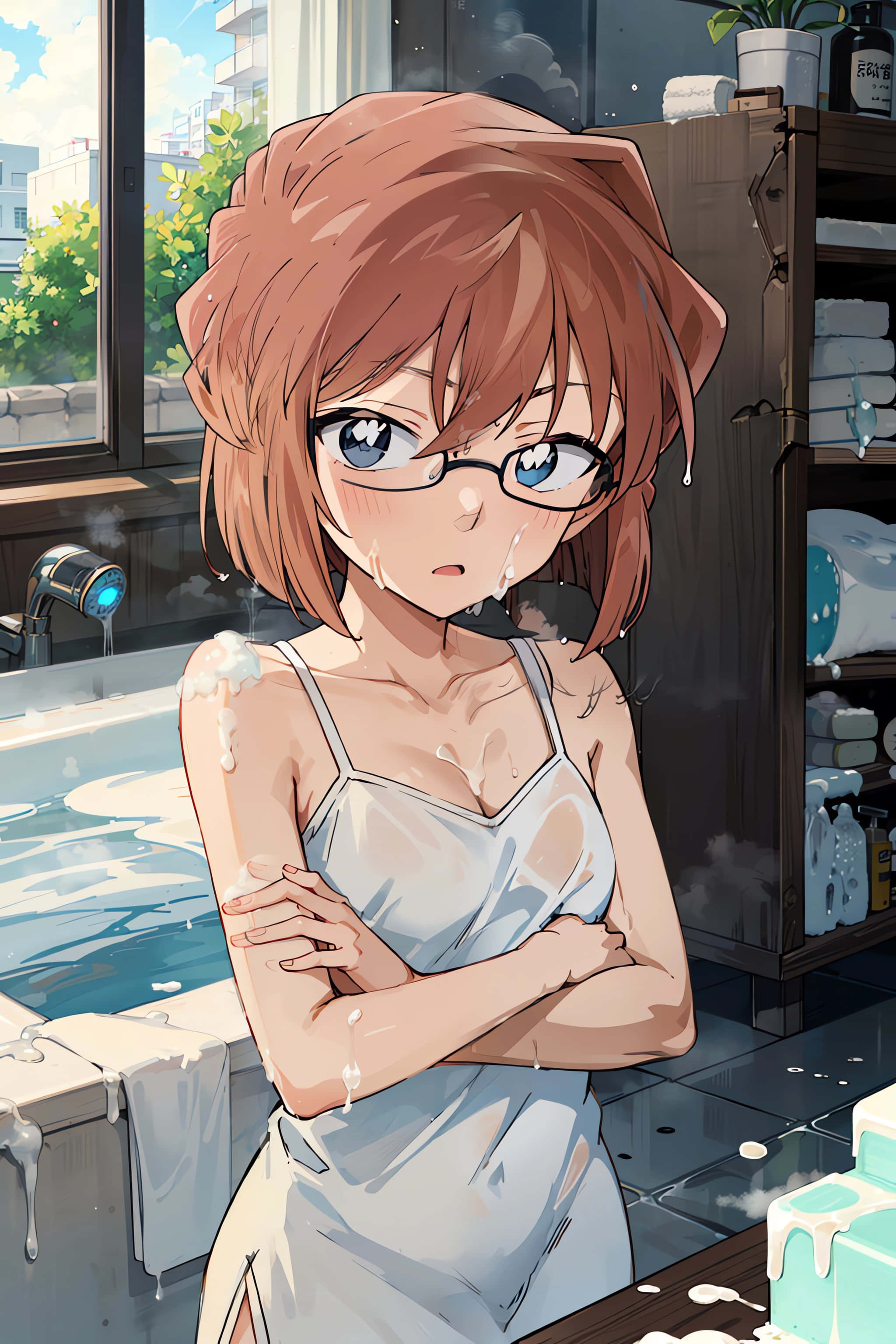 Haibara AI 桌布 壁紙 — 一位棕色頭髮、戴眼鏡的動漫女孩站在充滿蒸汽的浴室裡，雙臂交叉，水滴從她的頭髮和肩膀上滴落。