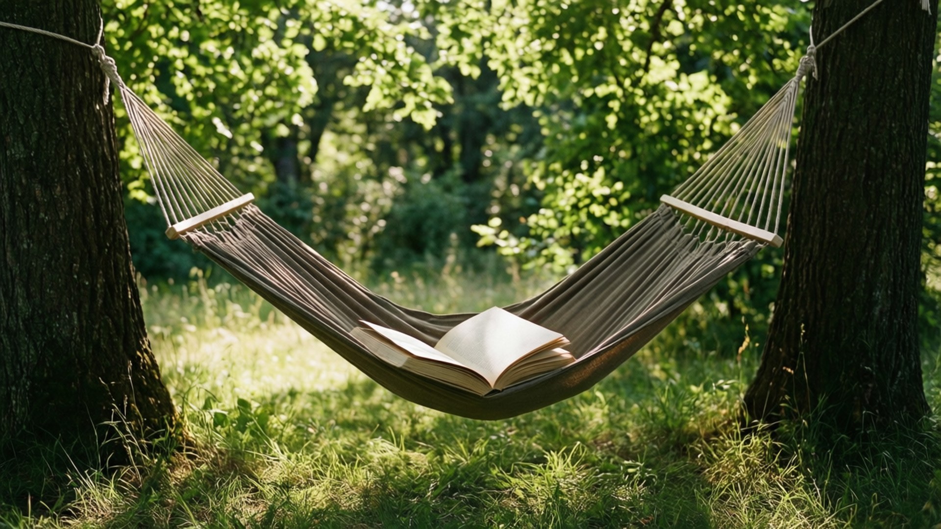 Hammock Read 壁紙 — 一張棕色吊床掛在陽光普照的森林中的兩棵樹之間，托著一本打開的書，邀請安靜閱讀。