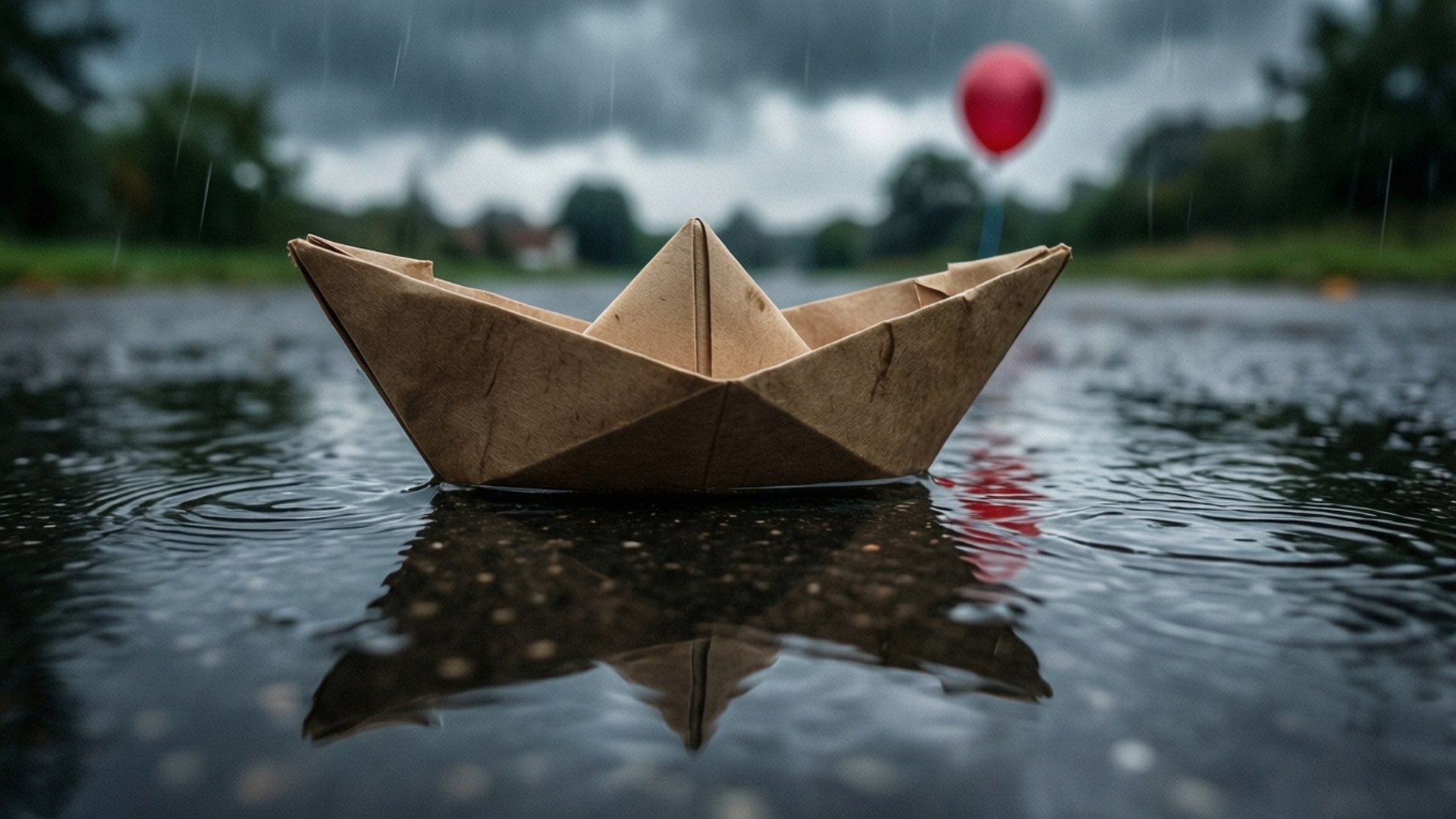 Georgie's Paper Boat 壁紙 — 一艘棕色紙船在雨水濕滑的路面上漂浮，背後陰沉天空中飄著一個紅色氣球。
