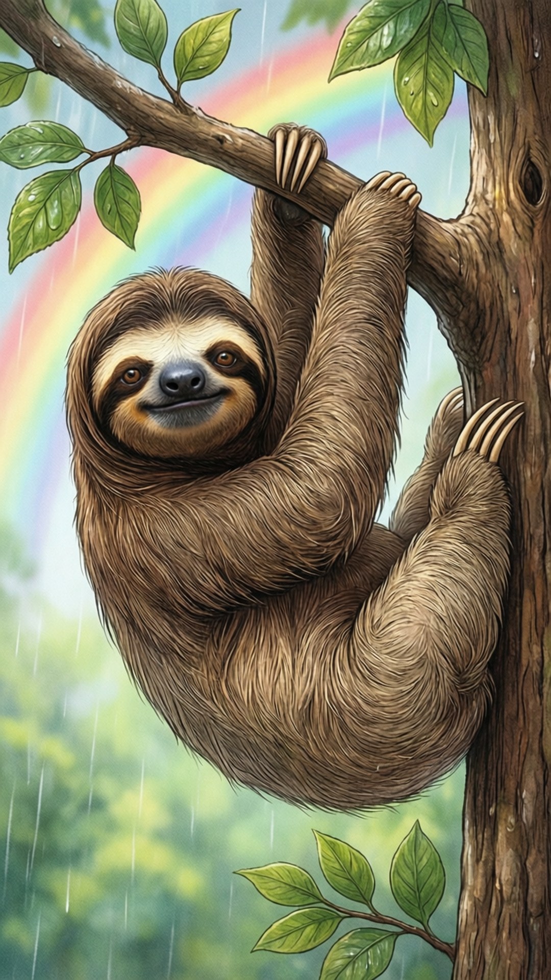 Sloth Rainbow Doodle 壁紙 — 一隻棕色樹懶滿足地掛在樹枝上，雨水落下，背後有一道鮮豔的彩虹拱起。