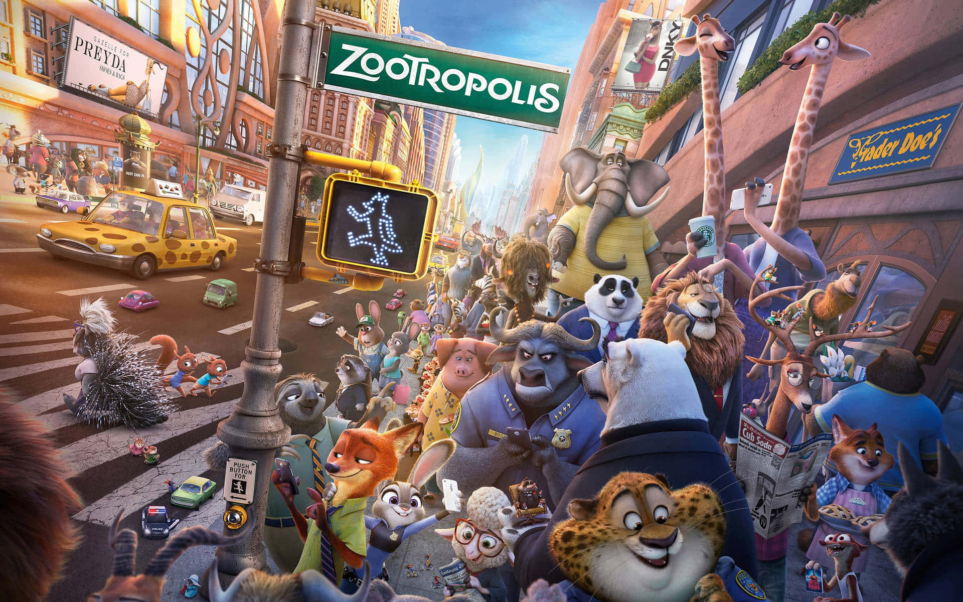  壁紙 — Zootropolis 中一條繁華的動畫城市街道，充滿了各種擬人化動物正在穿越繁忙的十字路口。