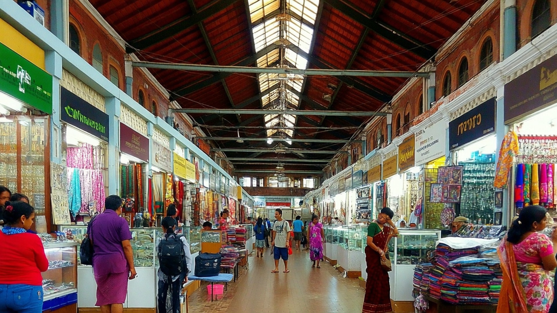 Bogyoke Market Bustle 壁紙 — 一個熙熙攘攘的有蓋市場，高拱形天花板，購物者瀏覽玻璃櫃中的彩色紡織品和珠寶。
