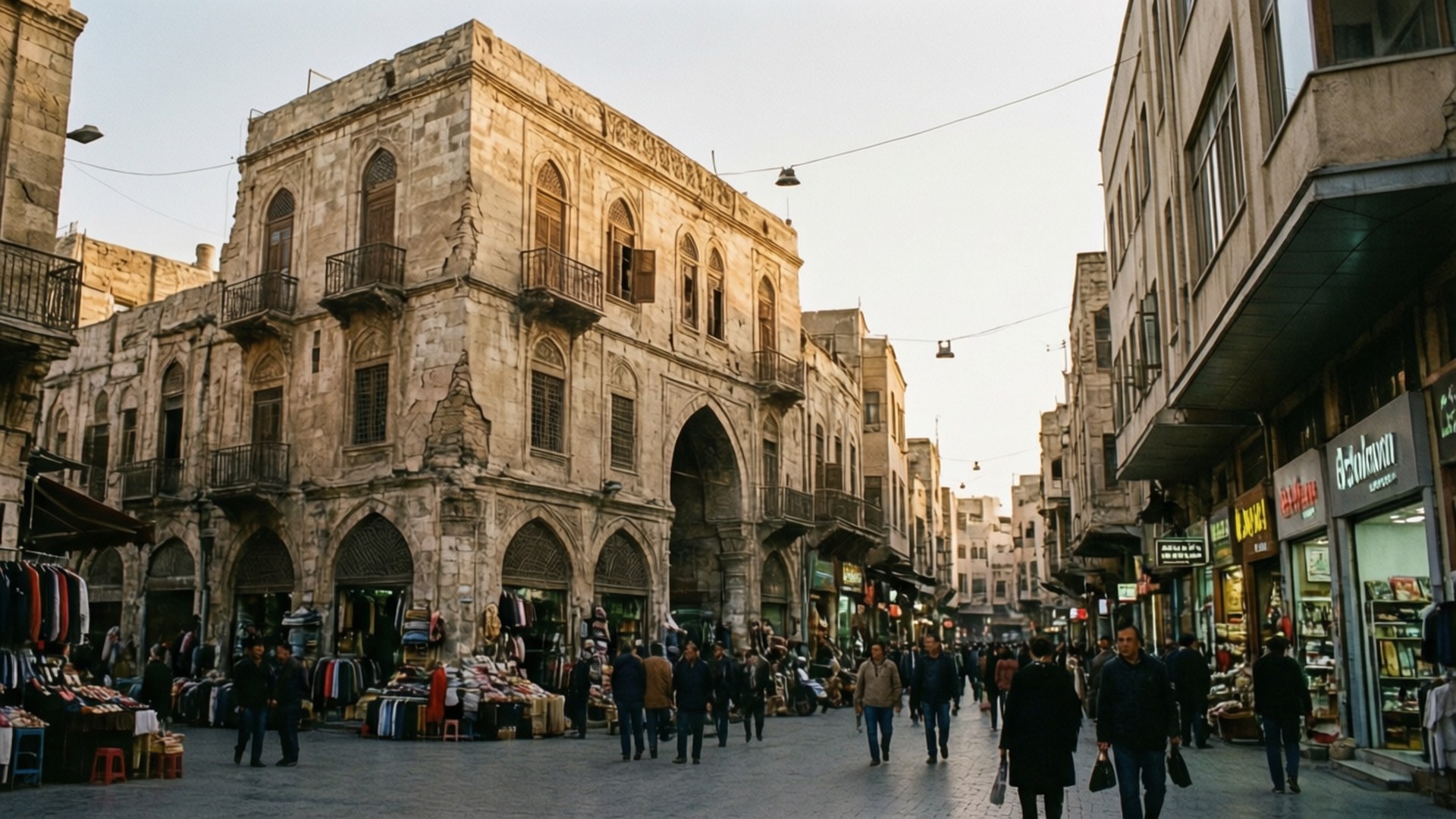 Damascus Street Life 壁紙 — 一個熙熙攘攘的歷史市場，有拱形石建築，行人走過色彩繽紛的攤位，在柔和的傍晚天空下。