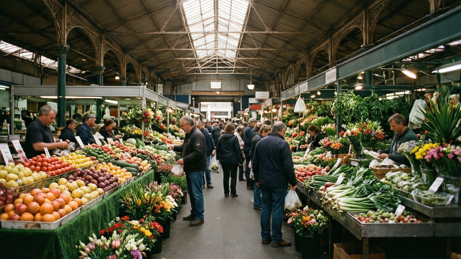 Central Market Bounty 壁紙 — 一個熙熙攘攘的室內市場，在高拱形玻璃天花板下排列著色彩繽紛的農產品和鮮花。