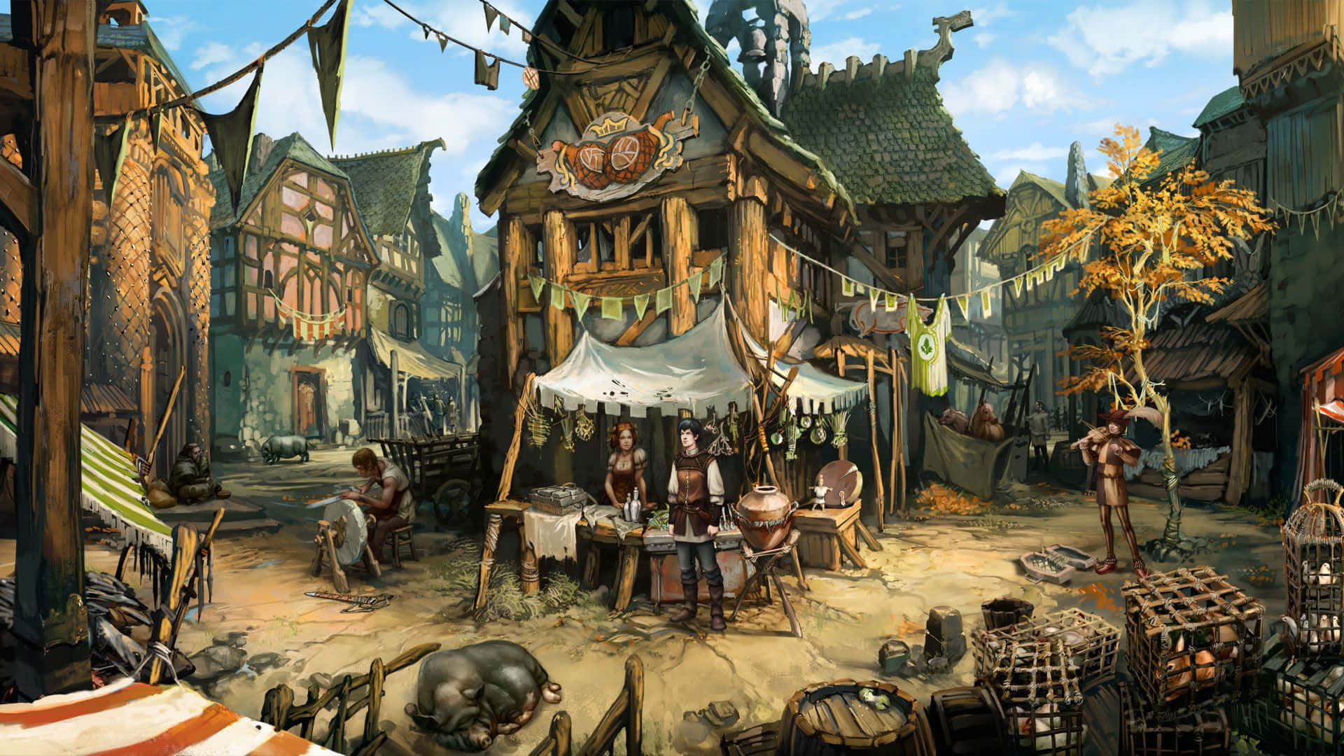 Final Fantasy Ix 桌布 壁紙 — 一個熙熙攘攘的中世紀村莊市場，有木製攤位、色彩繽紛的旗幟和村民在明亮的秋天下進行交易。