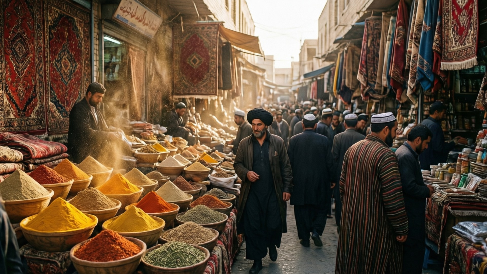 Kabul Bazaar Buzz 壁紙 — 一個繁忙的中東市集，穿著傳統服飾的男人走過色彩繽紛的香料攤位和掛毯。