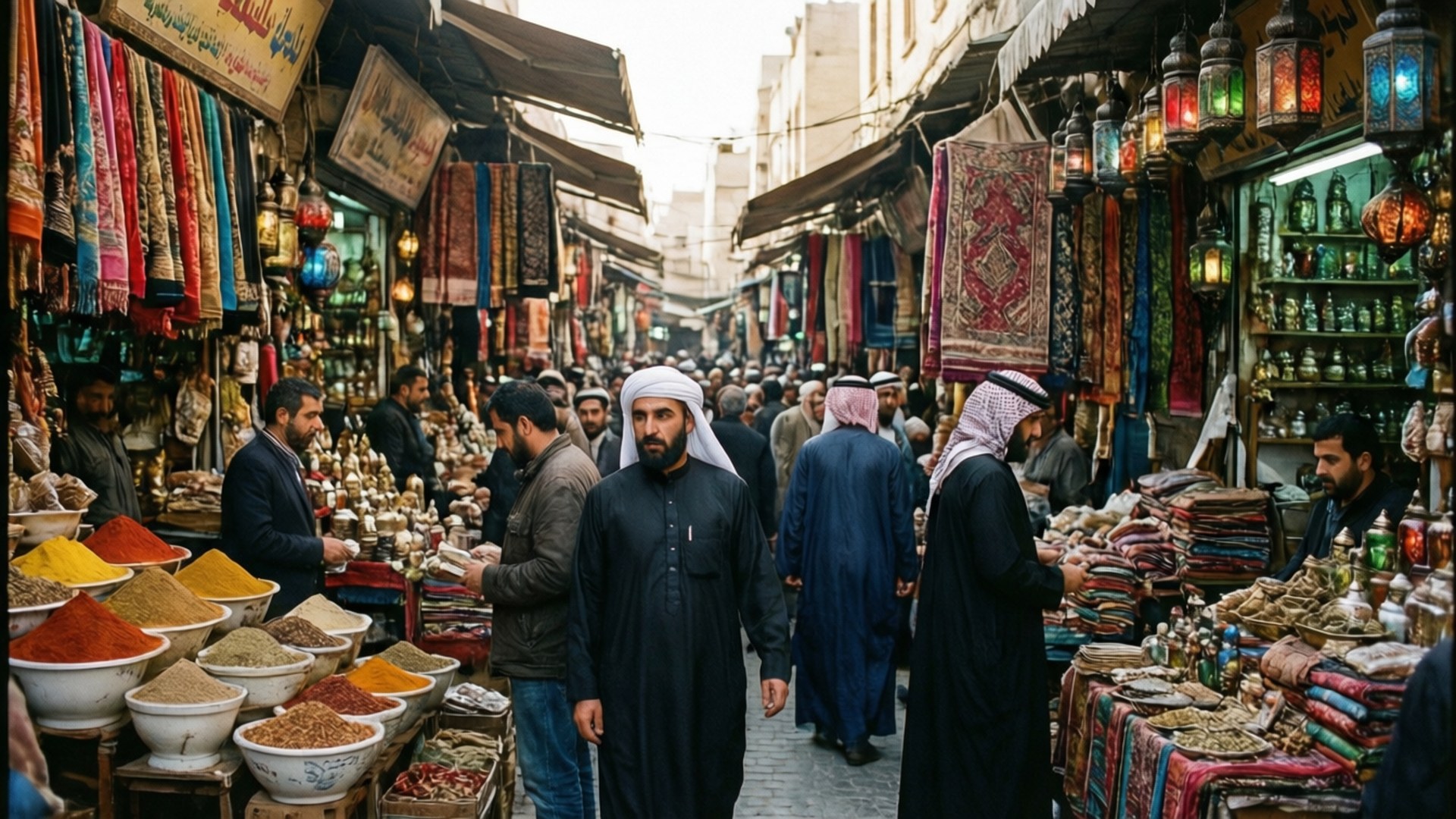 Baghdad Market Life 壁紙 — 一個繁忙的中東市集，小販在遮陽篷下出售香料、紡織品和燈籠，穿著傳統服飾的男子穿過擁擠的小巷。