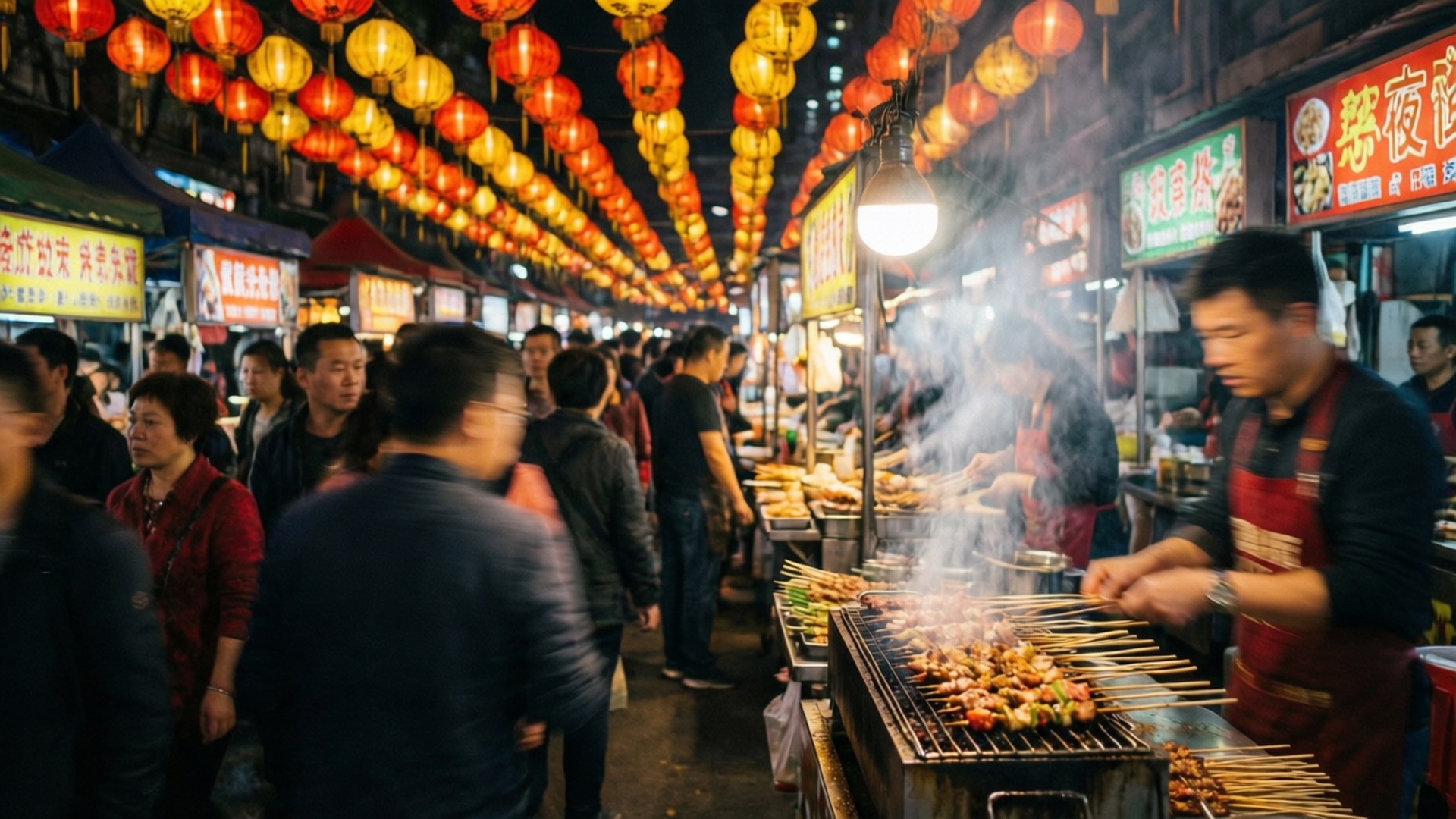夜市，人們走過在燈籠下燒烤串燒的食物攤位 — 台北 壁紙